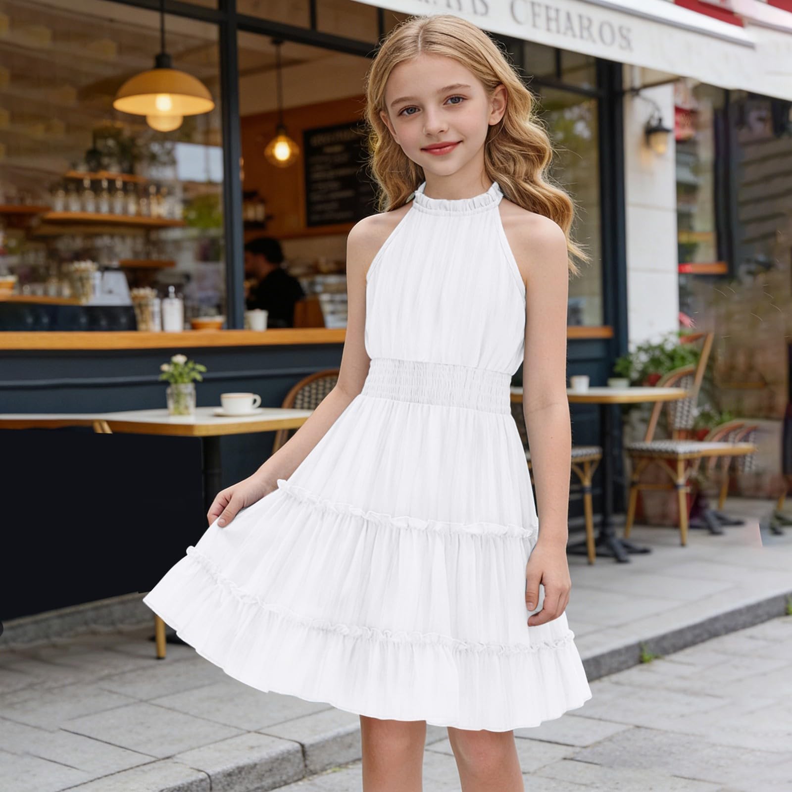 Vestito estivo per ragazze con spalle scoperte casual fluente punto smocked A Line Dress bambini senza maniche Swing abiti da festa con volant a strati prendisole festivo