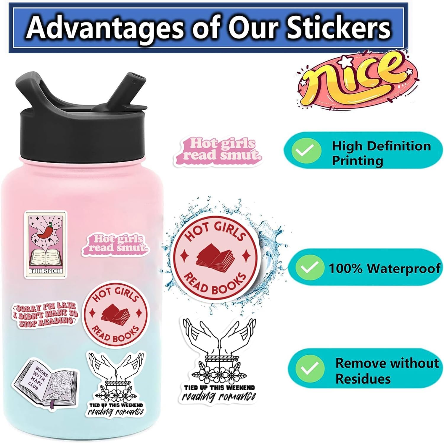 50 PCS Book Stickers For Kindle - Cute Waterproof Vinyl Decals For Laptops & Water Bottles