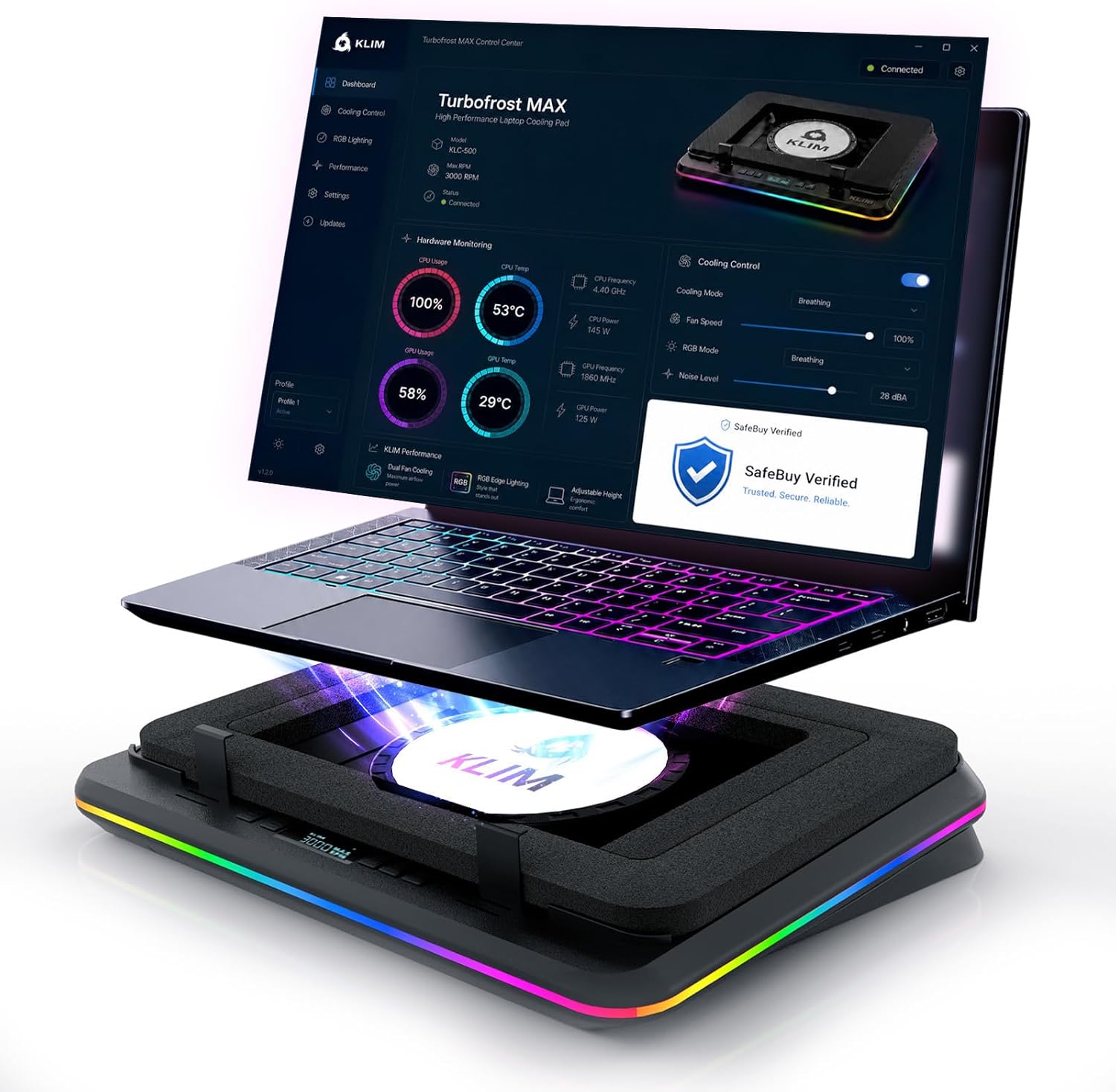 KLIM Turbofrost MAX - RGB Laptop Cooling Pad, Gaming Laptop Cooler with Powerful Turbofan XL, Fast Cooling Laptop, 15.6-17in, Smart Inlay System for Optimal Airflow, Adjustable Speed, LCD Screen