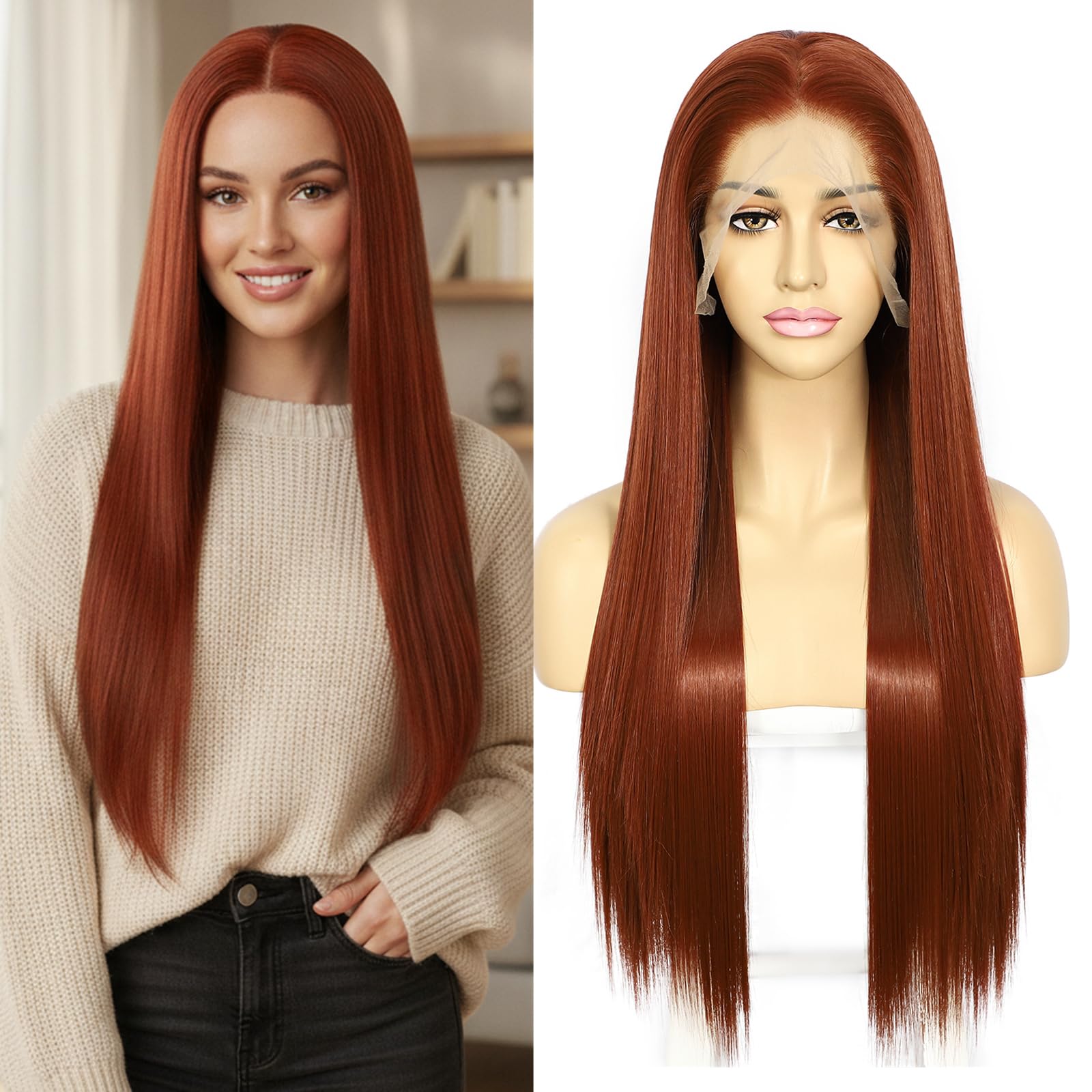 Sapphirewigs Perruque longue et droite 13x6 en dentelle Perruque cuivre rouge pour femmes Cheveux synthétiques droits à 150% de densité Pour fêtes et usage quotidien Noël 66 cm
