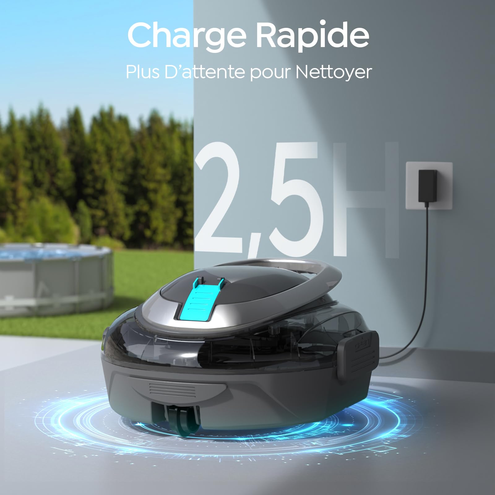 S2 Robot Piscine, Aspirateur sans Fil Rechargeable, Filtration Double, Double Moteur, 90min Fonctionnement, 2,5H Charge Rapide, Stationnement Auto, pour Piscines à Fond Plat jusqu'à 80m²,Gris