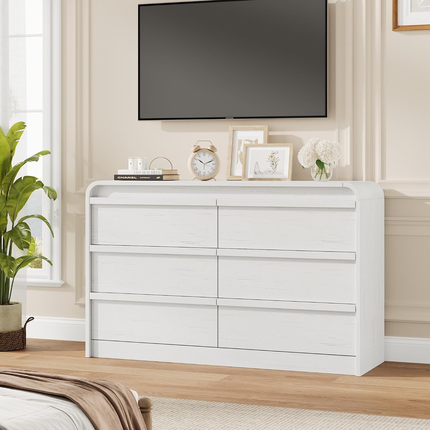 IDEALHOUSE Farmhouse TV Stand for Living Room, Entertainment Center with 6 Storage Drawer & Curved Profile Design, Wooden Media Console Table for 75 Inch with Storage Compartments, White