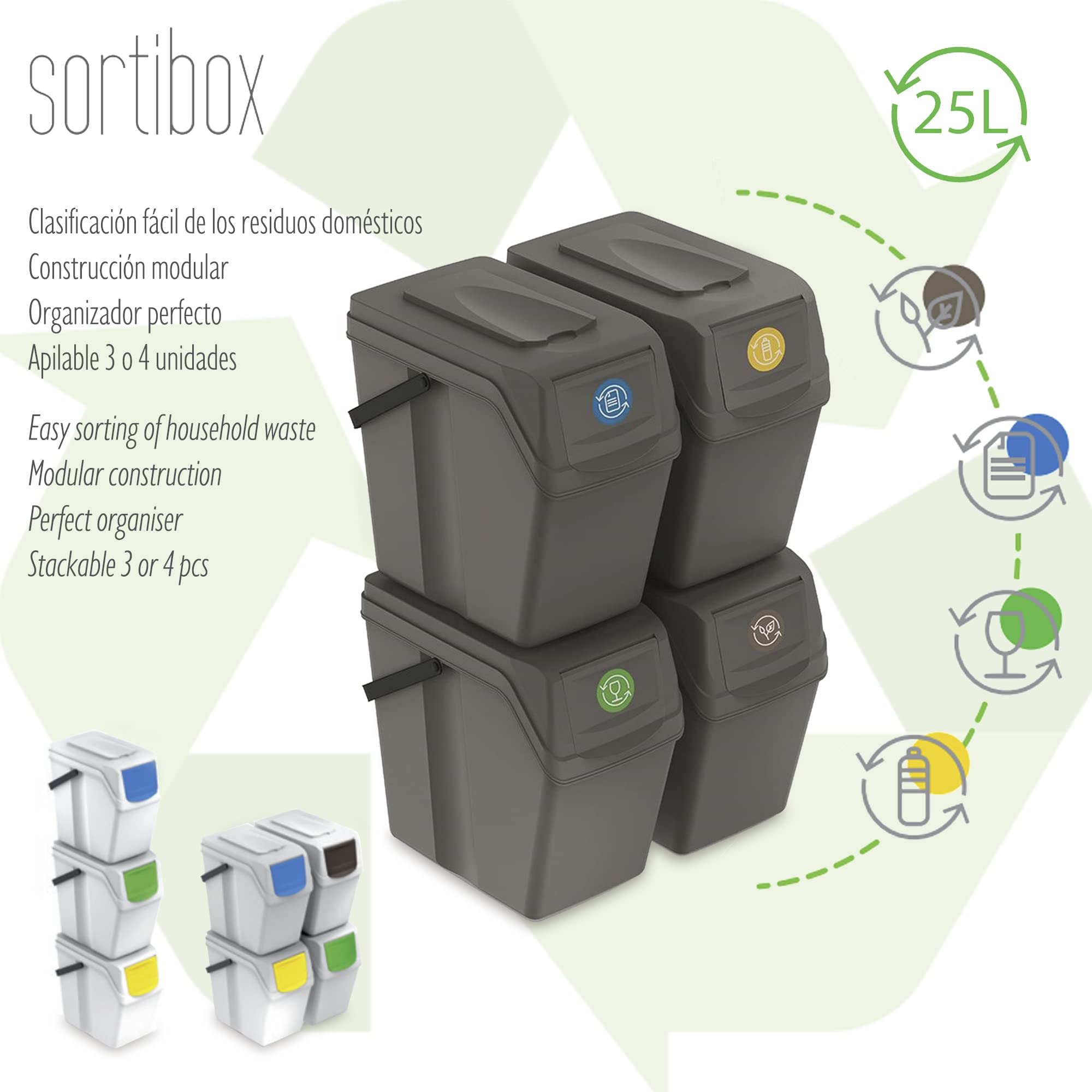Set de 4 Cubos de Basura KEDEN SORTIBOX para Reciclado, Gris, Volumen 4x25L