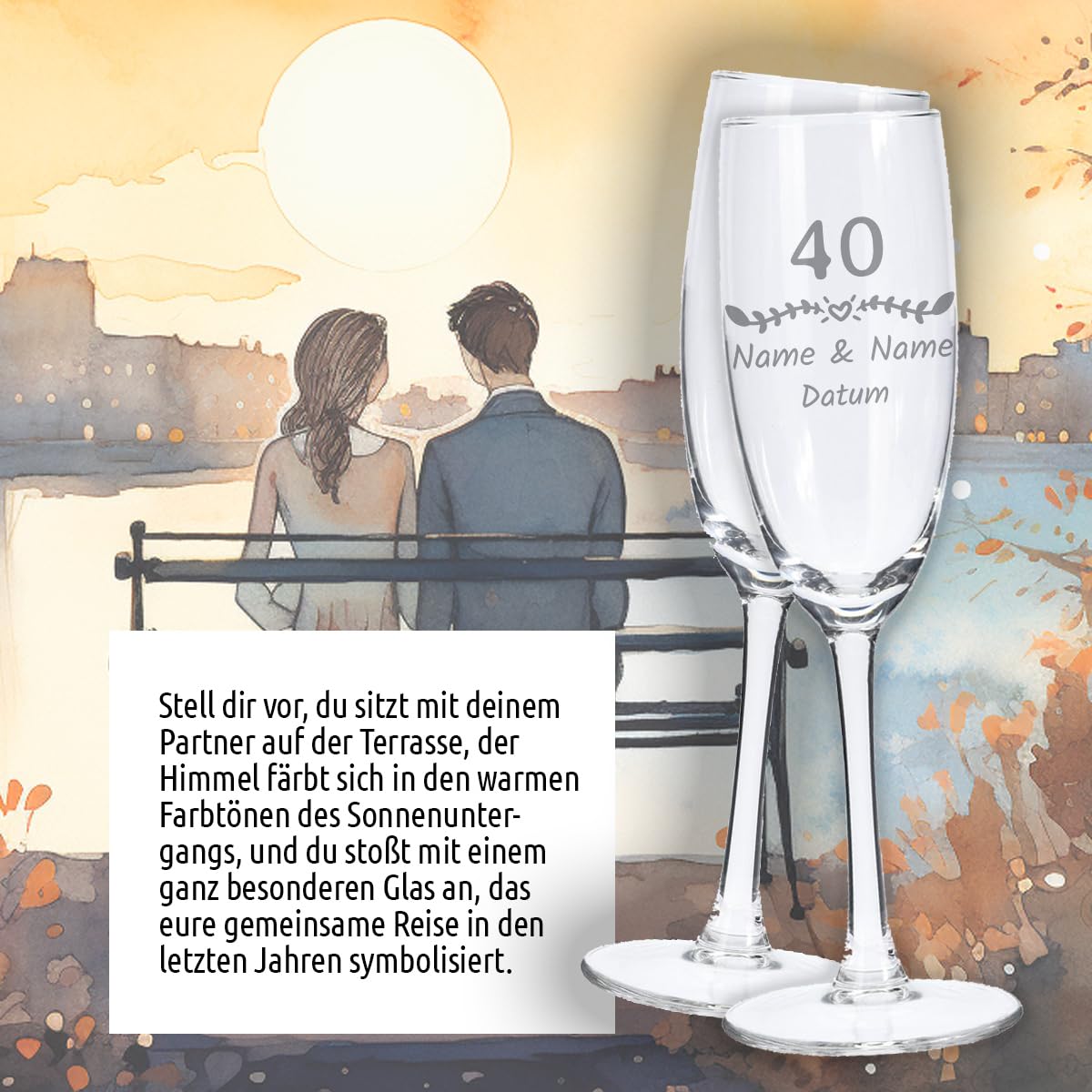 LALALO Sektgläser Mit Gravur Zum 40. Hochzeitstag – 2 Stück, Personalisiert, 180 Ml, Spülmaschinenfest (Rubin-/Smaragdhochzeit)
