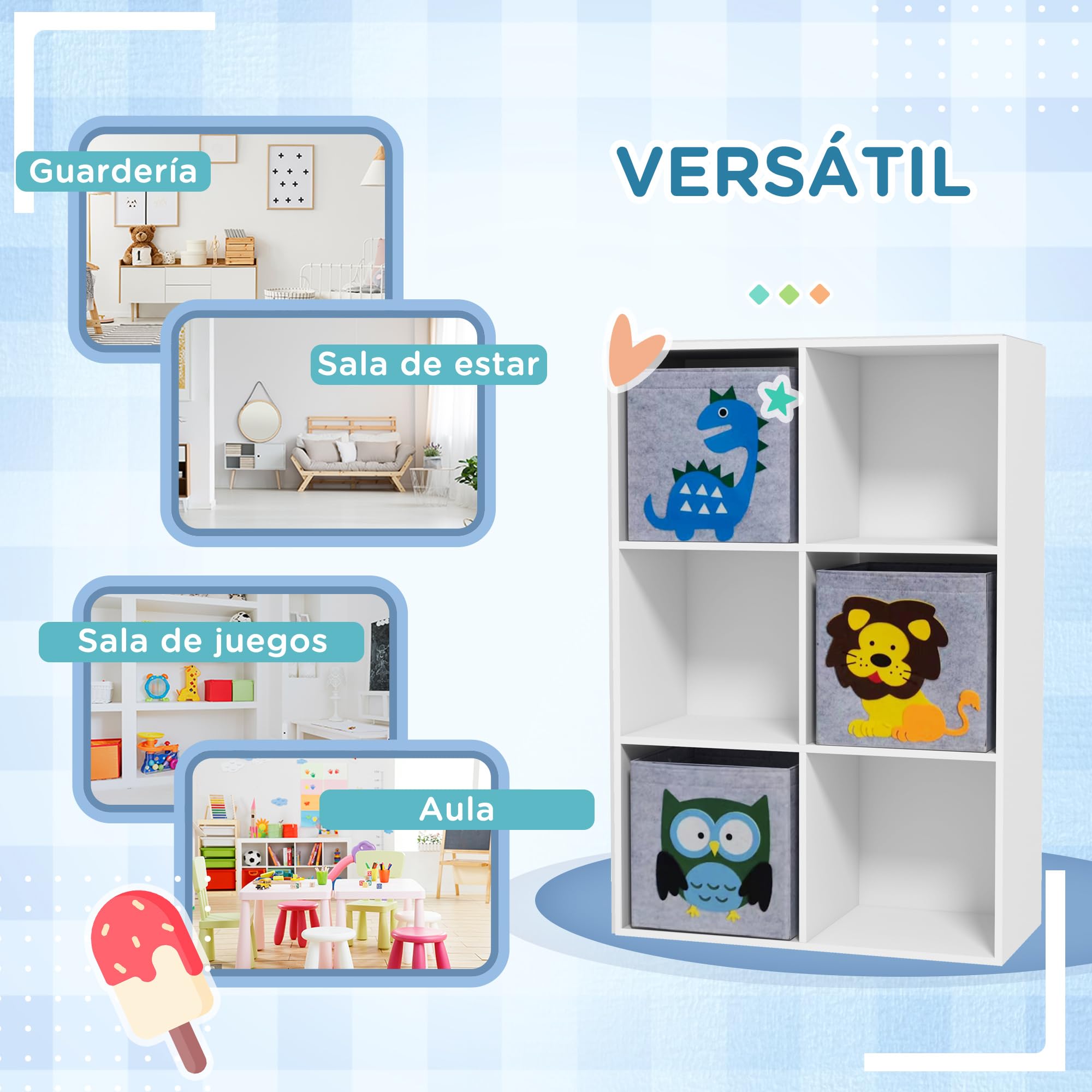 ZONEKIZ Estantería para Juguetes Infantil Librería para Niños con 6 Compartimientos de Almacenaje y 3 Cajones de Tela no Tejida 61,8x29,9x91,5 cm Blanco y Gris
