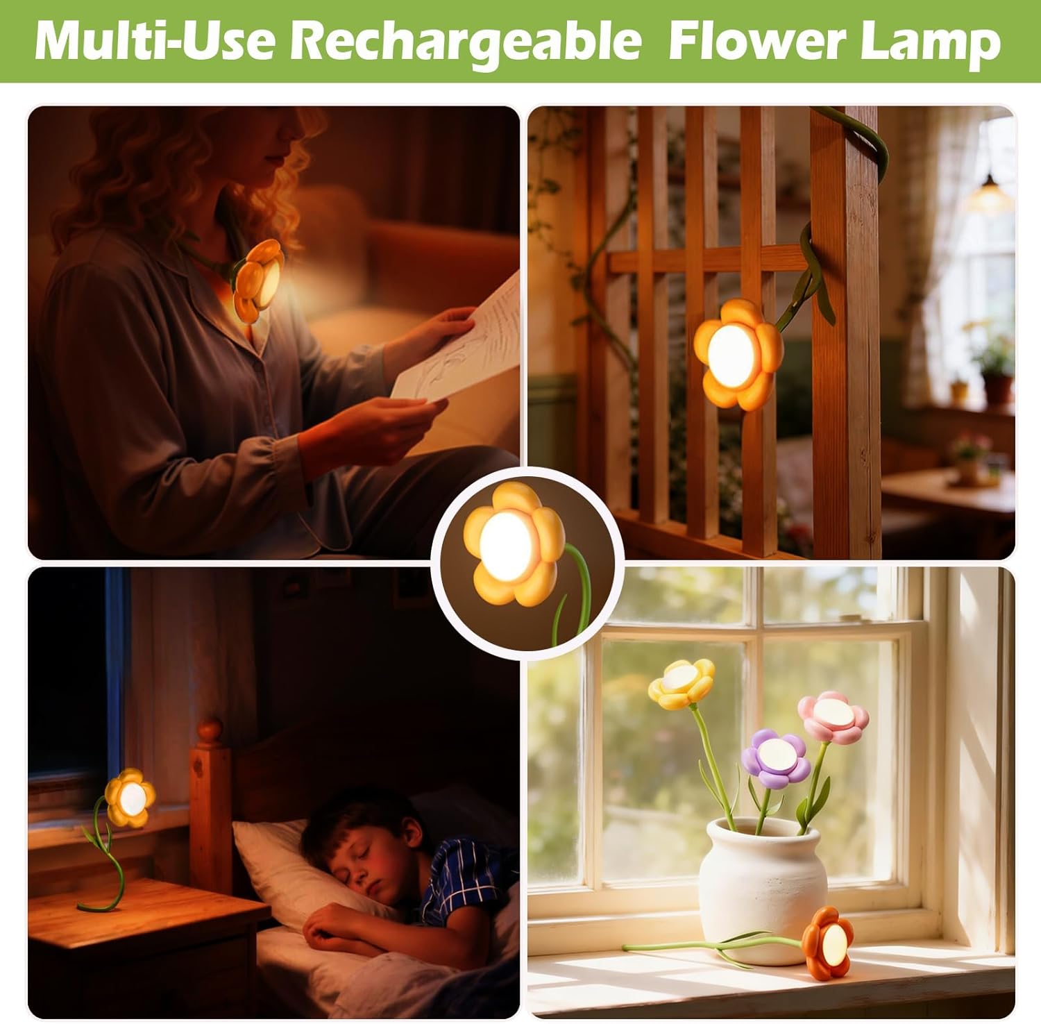 Sunflower Desk Lamp,Rechargeable Neck Reading Light with Adjustable Flexible Gooseneck 3 Color Modes Adjustable Brightness,Cute Desk Lamp for Kids,Great Gift for Kids,Friends(Yellow)