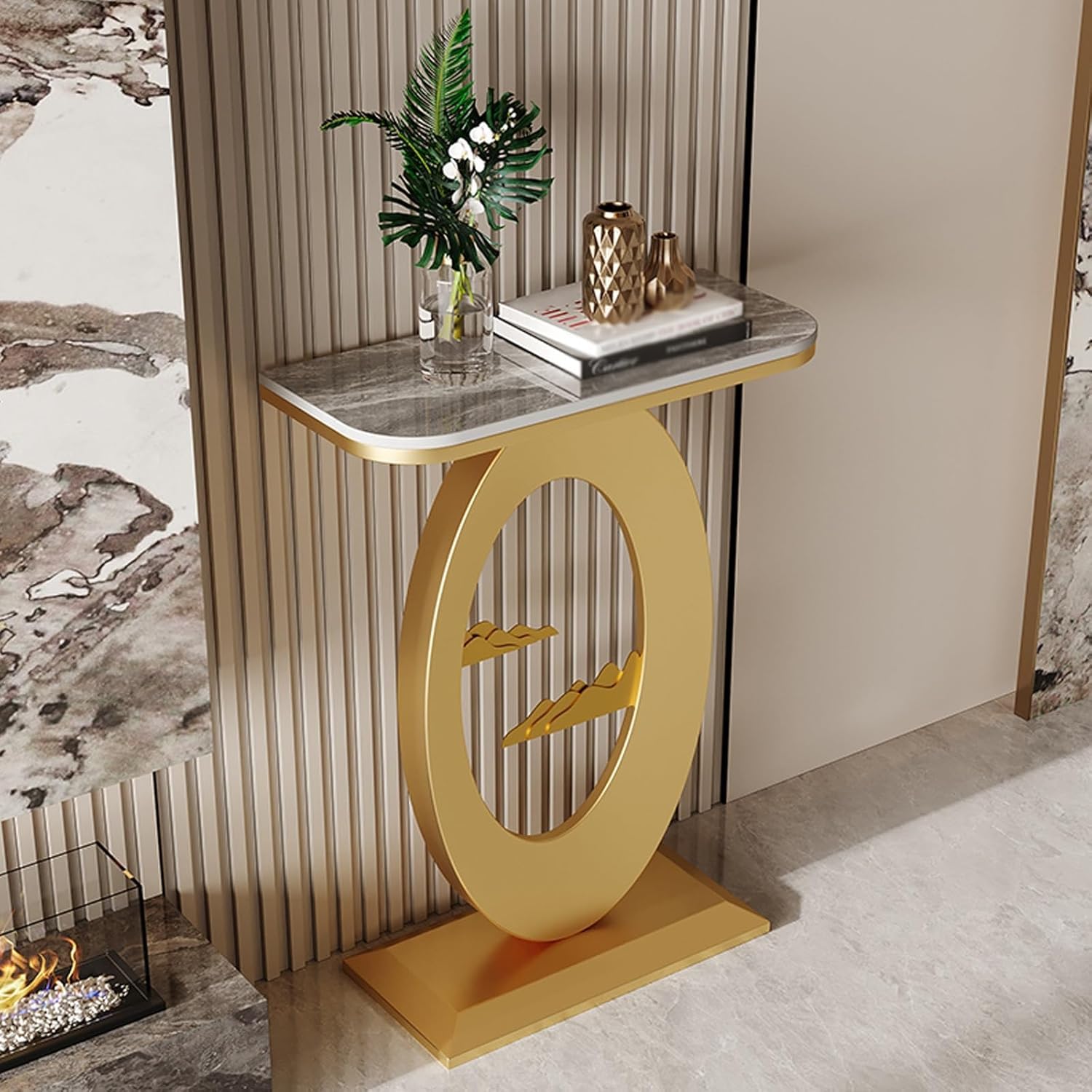 SIONDSTS Modern Marble Console Table with Metal Frame,Slim Entryway Accent Table,Small Narrow Sofa Table,Living Room End Table,for Hallway,Foyer,Entrance,Entryway,Gold B,50cm