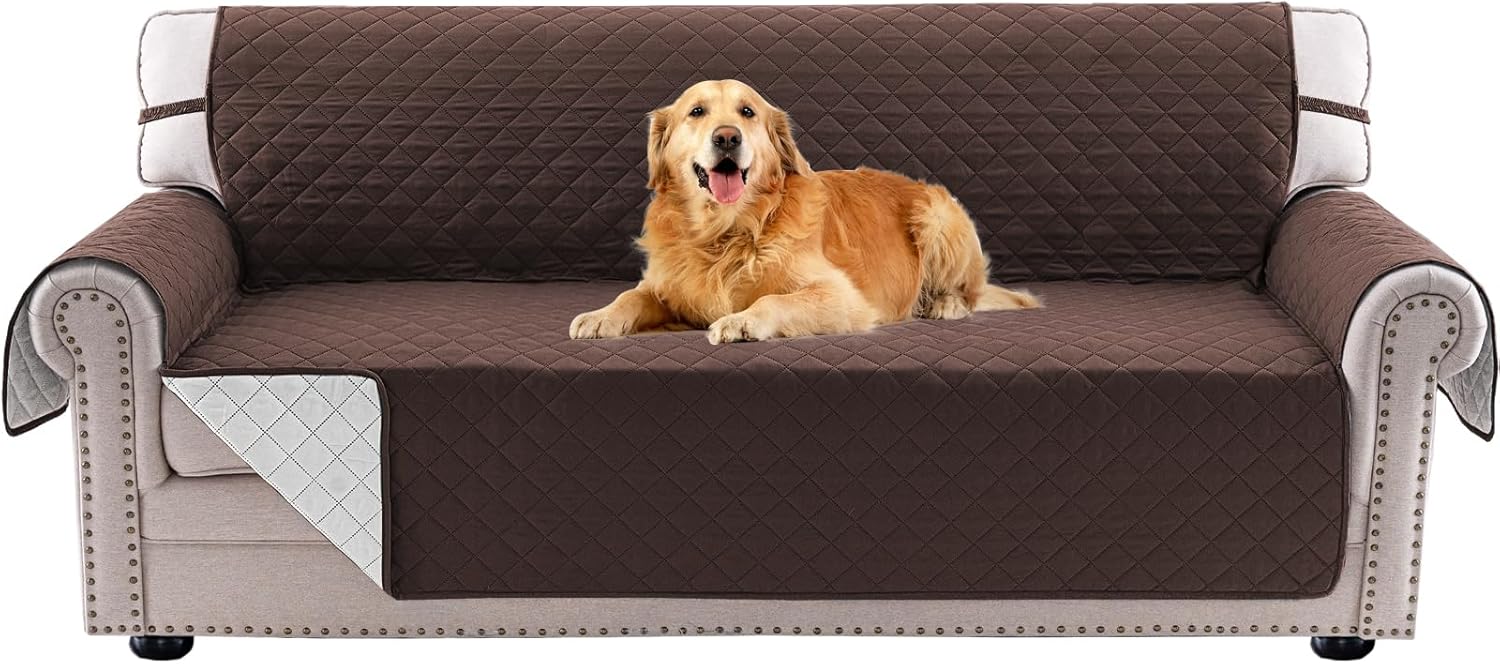 PrinceDeco Reversible Sofa Slipcover for 3 Cushion Couch Sofa,Thick Quilted Couch Cover for Dogs,Small Check Pattern Water Resistant Washable Furniture Protector with Elastic Straps(Sofa 66", Brown)