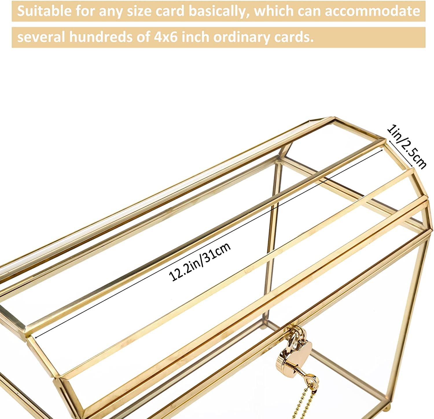 Homtone 31 cm Große Glas Hochzeit Kartenbox mit Schlitz und Schloss, Geometrisches Terrarium Gold Glaskasten, Vintage Präsentationsbox für Hochzeitsempfang, Tafelaufsatz