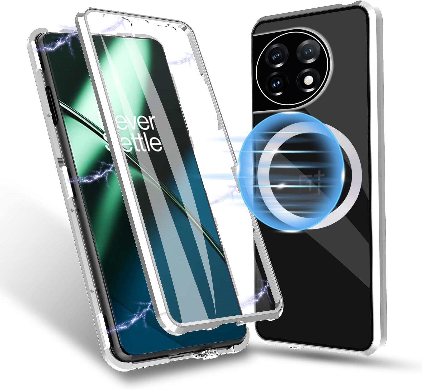 Magnetic Case for OnePlus 11 5G - Compatible with Mag-Safe, 360 Clear Tempered Glass + Hard PC Matte Back Case with Lens Protection - Magnetic Silver
