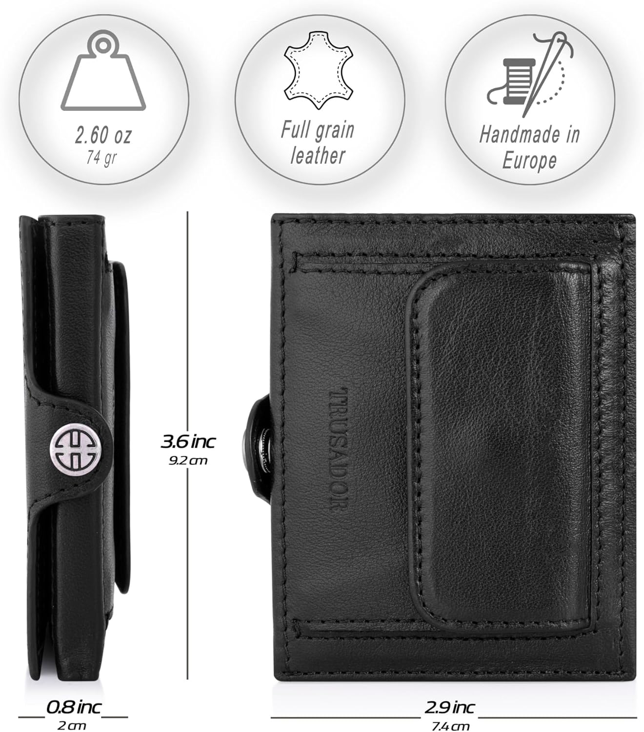 TRUSADOR Valencia Unisex Leather Wallet Small Compact Front Pocket RFID With Coin Pocket Wallets (With Coin Pocket, Black) - Image 2