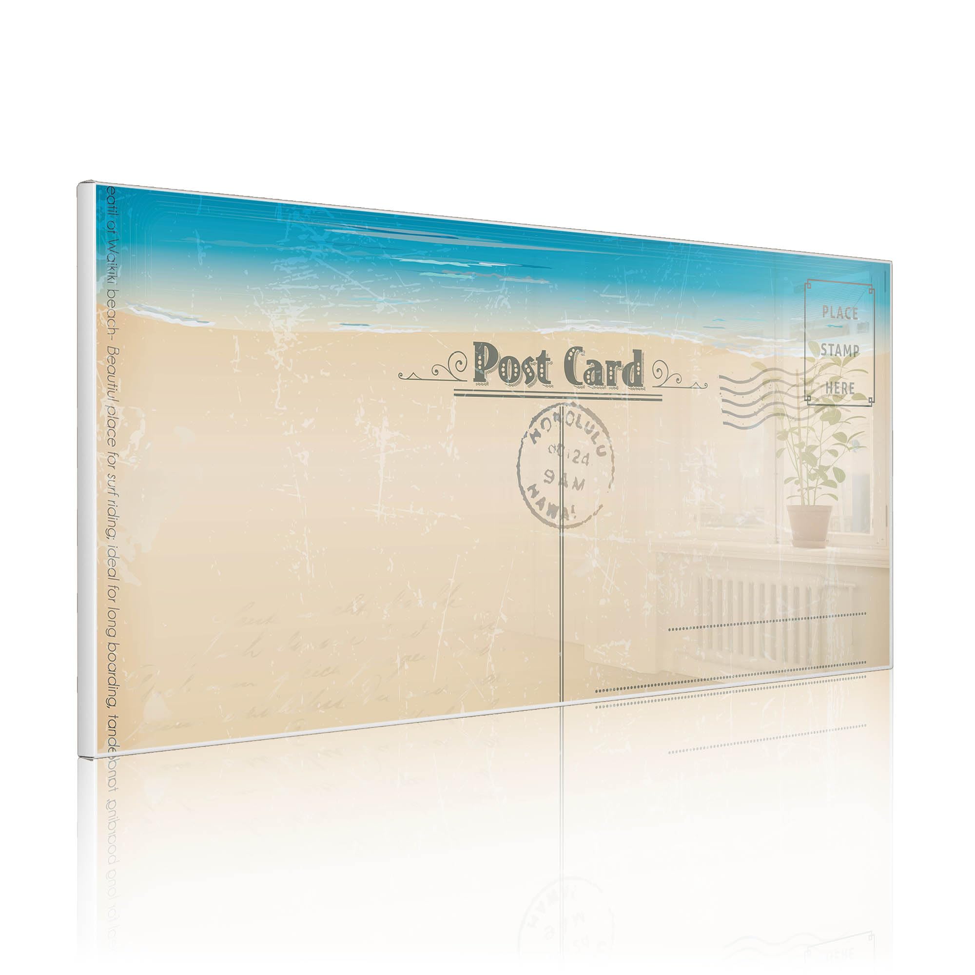banjado Magnettafel Metall 78 x 37cm - beschreibbare Magnettafel - Metall Pinnwand als Memoboard - Magnetwand Küche, Büro, Kinderzimmer Weiß inkl. 4 Magnete & Montageset - Motiv Postkarte