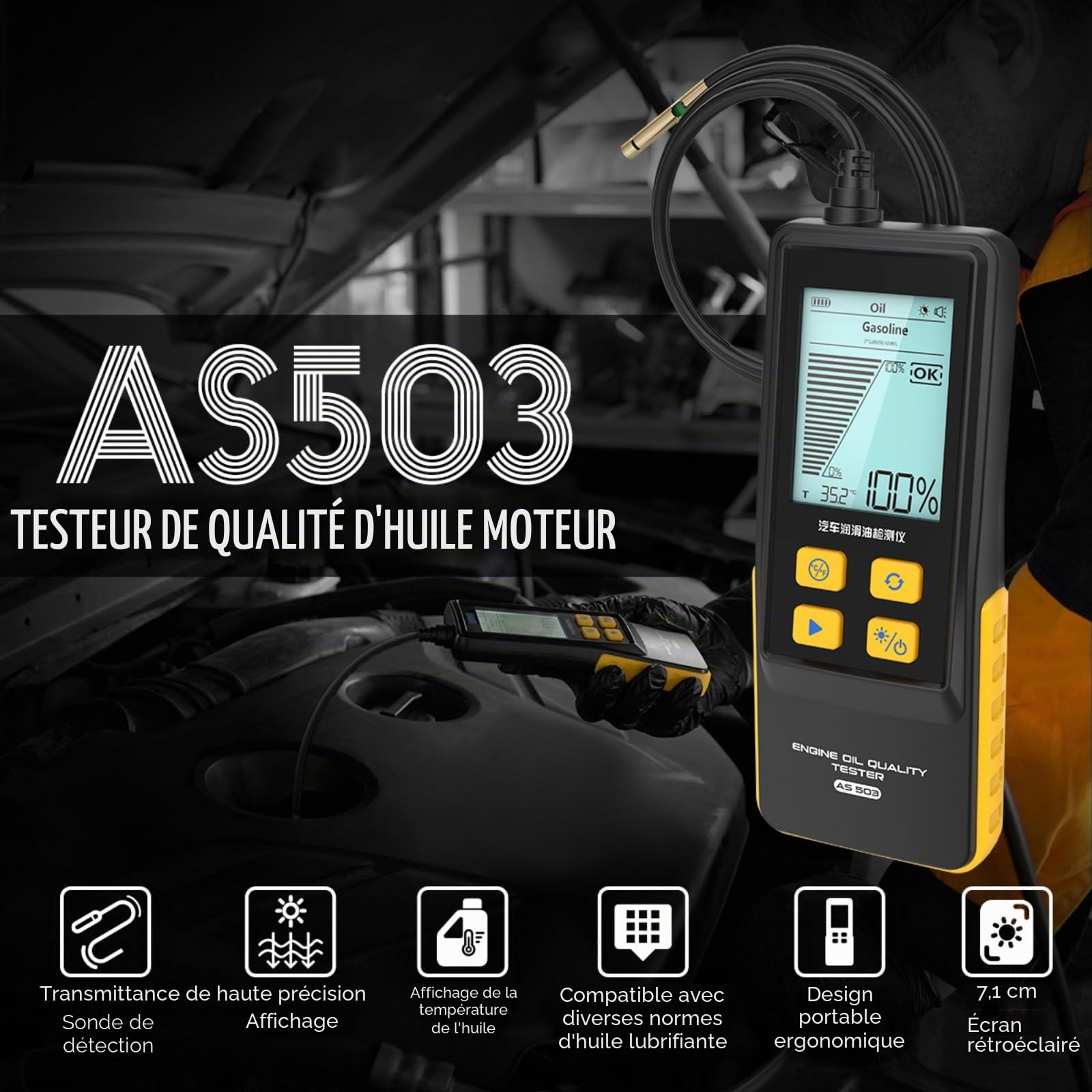 Testeur de qualité d'huile Moteur AS503 Testeur d'huile Moteur pour véhicules Essence Diesel avec sonde de détection de Haute précision, Affichage de la température de l'huile de Transmission