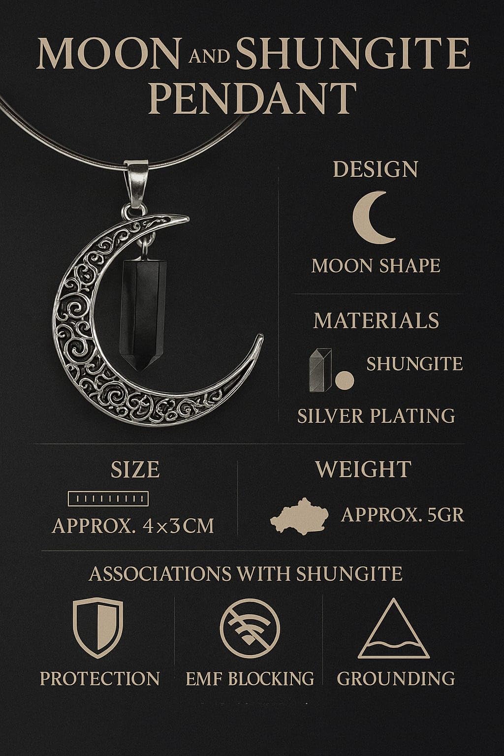 Colgante Luna con Shungit - Baño de Plata Minerales y Cristales, Belleza energética, Meditacion, Amuletos Espirituales