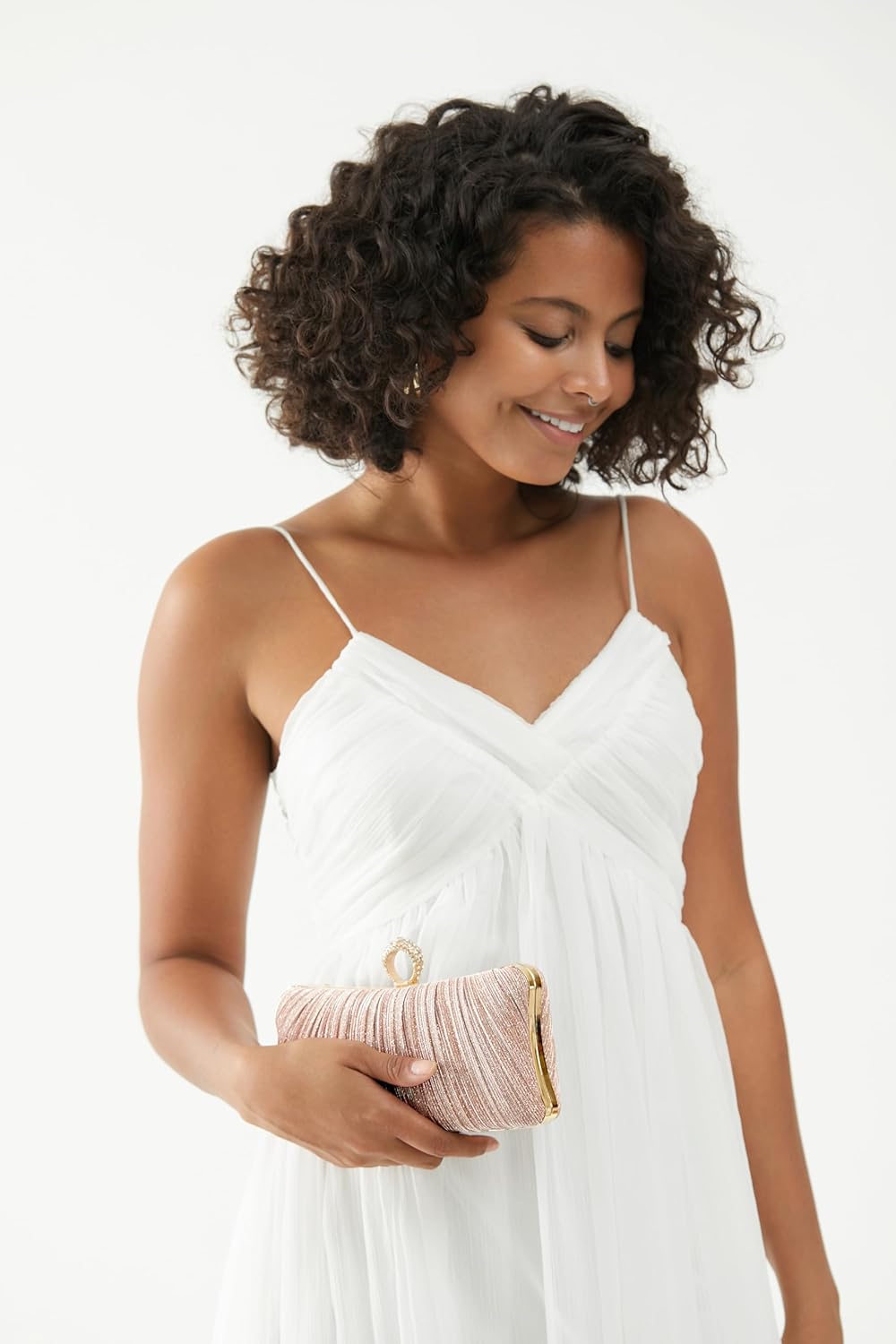 Womens Golden Glitter Clutch Purse Pleated Evening Bag for Bridal Wedding Party with Rhinestone Ring - Image 2