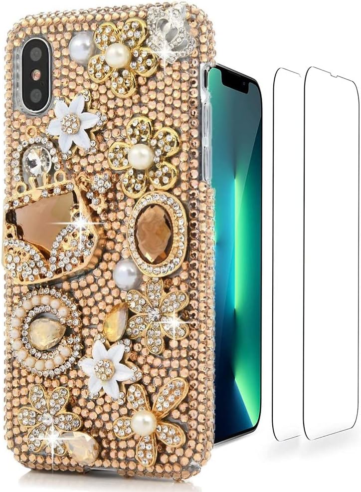 Glitter Wallet Phone Case Compatible with iPhone 14 Pro Max - 3D Luxury Girls Women Shiny Bling Handcrafted Leather Protective Cover with Screen Protector (2 Pack) - Gold Bag Flower