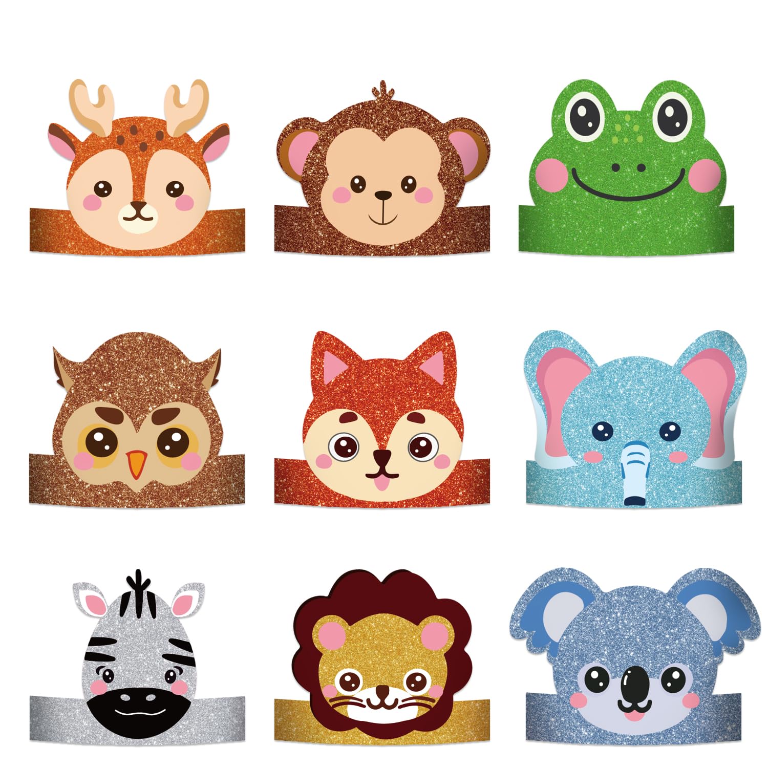 9Pcs Animal Birthday Party Hats?Safari Jungle Party Headbands with Paper Crowns for Girls Kids