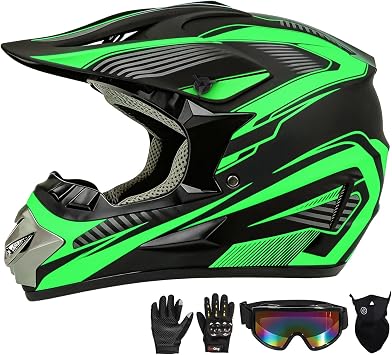 Motocross Helmet,Youth & Adult ATV Dirt Bike Motorcycle, Kids BMX 4-Wheeler Off-Road Mountain Bike Helmet,DOT Certified,W/Gloves Goggles Mask 4-Piece Set Green, M