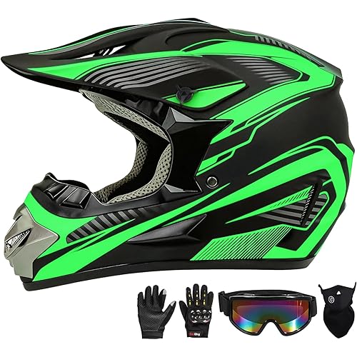 Motocross Helmet,Youth & Adult ATV Dirt Bike Motorcycle Helmet, Kids BMX 4-Wheeler Off-Road Mountain Bike,DOT Certified,W/Gloves Goggles Mask 4-Piece Set (Green, L)