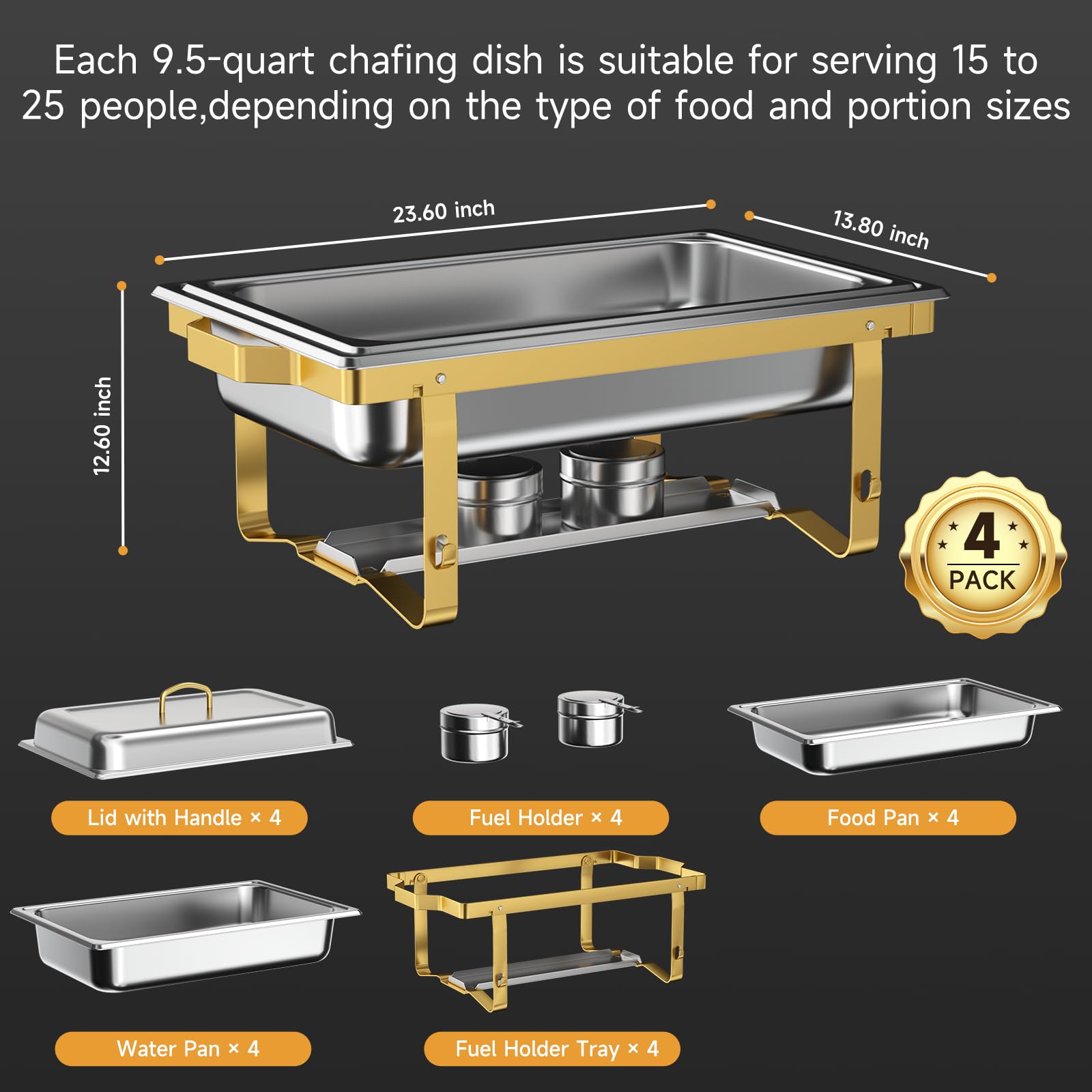 Chafing Dishes for Buffet 4 Pack, 9QT Chafing Dish High Grade Stainless Steel Chafer Complete Set, Steel Handle Catering Events Complete Buffet Warmer Set (Gold, 2)