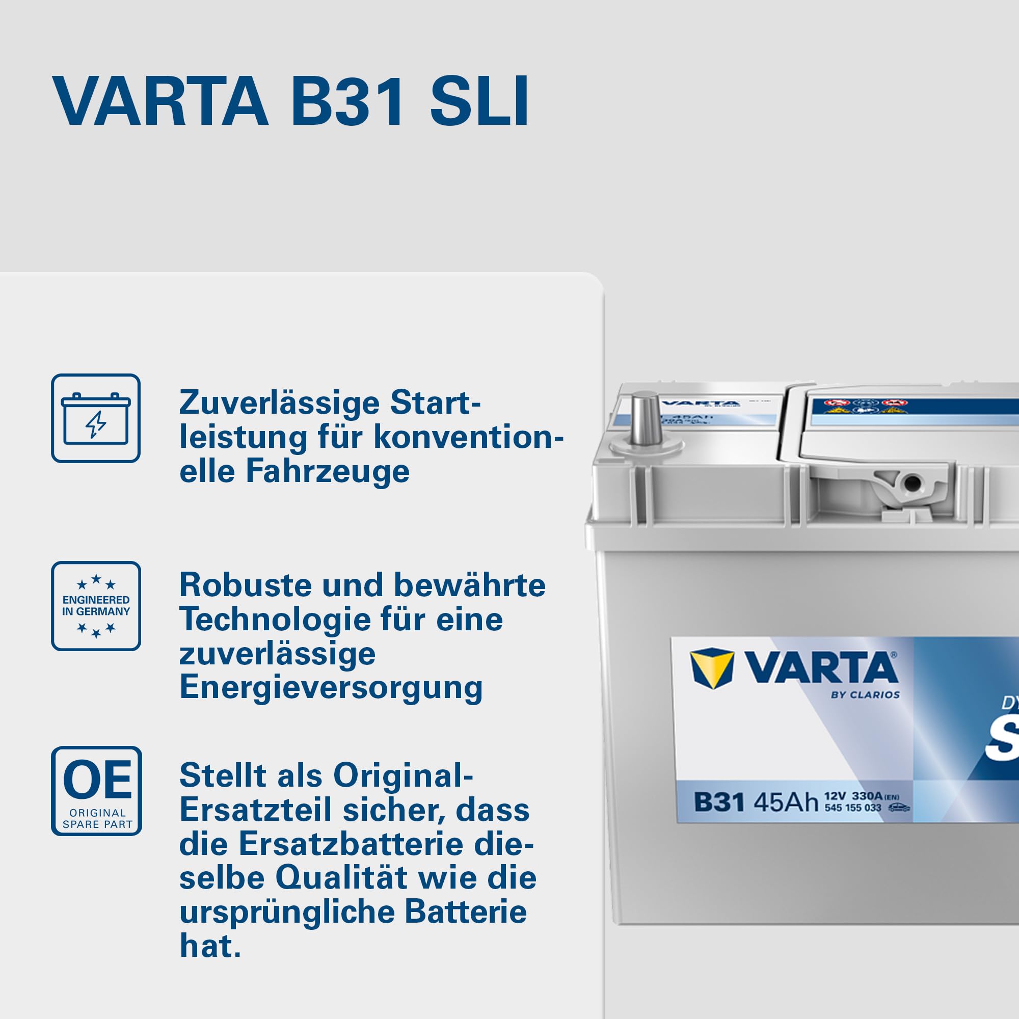 VARTA Automotive DYNAMIC SLI (B31) 12V 45Ah 330A - Nassbatterie KFZ mit Standardausstattung & ohne Start-Stopp System - Starterbatterie für einfachen Energiebedarf - Bleisäurebatterie wartungsfrei