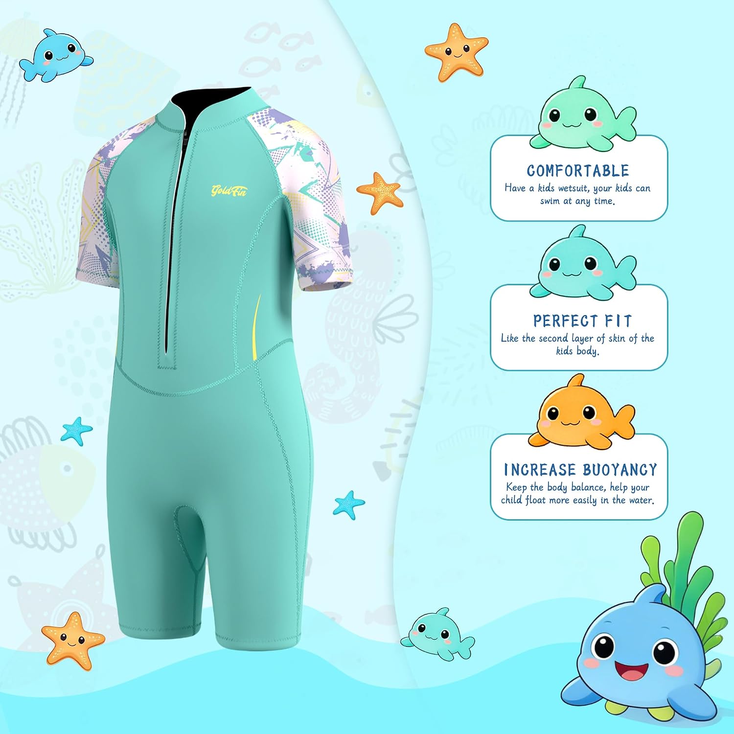 GoldFin Kids Shorty Wetsuit, Toddler Wetsuits Girls 2mm Neoprene Front Zip Wet Suit Keep Warm in Cold Water Swimming Surfing Snorkeling Kayaking