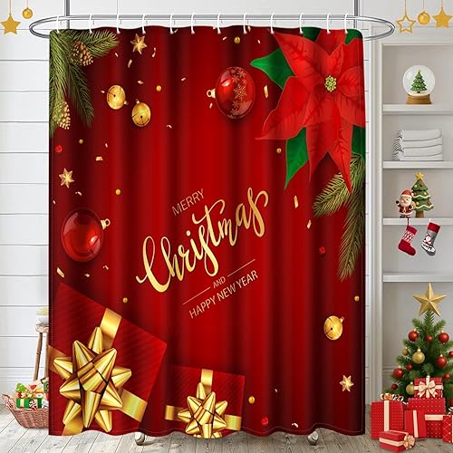 Miniatura 11 de ArtSocket Juego de baño de árbol de Navidad con cortina de ducha y accesorios de alfombras, juego de cortinas de ducha rojas a cuadros búfalos