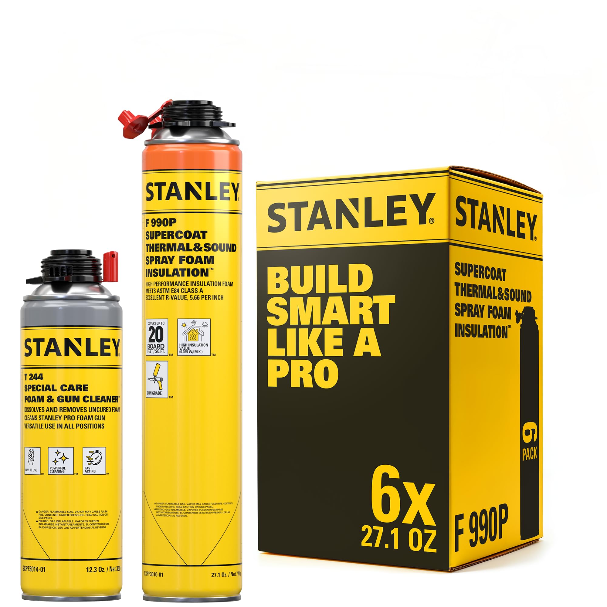 STANLEY Supercoat Spray Foam Insulation Kit - Closed Cell Spray Foam Covers Up to 120 Sq.Ft. - Including Cleaner, Safety Items - 27.1 oz, 6 Pack