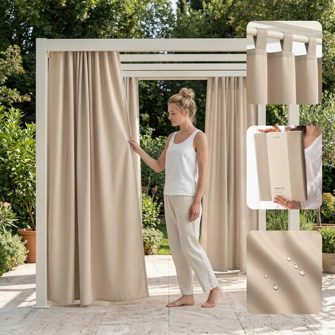 ROOM99 Garden Line Outdoor Curtain with Loops, 155 x 270 cm Width x Height Outdoor Curtain, Weatherproof, Waterproof Privacy Screen, Sun Protection Curtains, Garden, Windproof, Beige — image 1