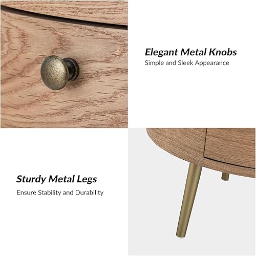 Miniatura 4 de HULALA HOME Mesa auxiliar redonda con 3 cajones de almacenamiento, mesa auxiliar moderna de mediados de siglo con patas de metal, mesa auxiliar