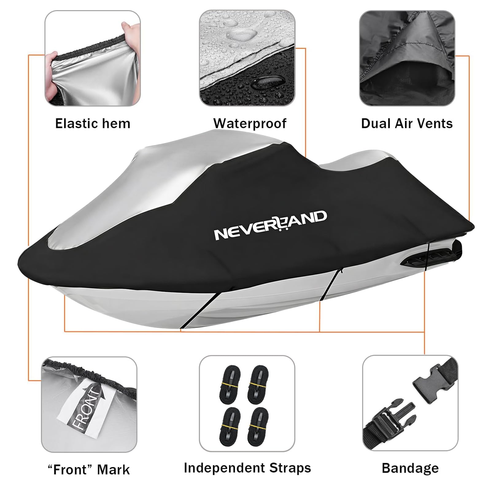 NEVERLAND Trailerable pokrowiec na skutery wodne, 3 siedzenia, wytrzymały, wodoodporny, 210D, z 2 otworami wentylacyjnymi, odporny na promieniowanie UV, pasuje do Yamaha Sea-Doo Kawasaki do 342.9 cm