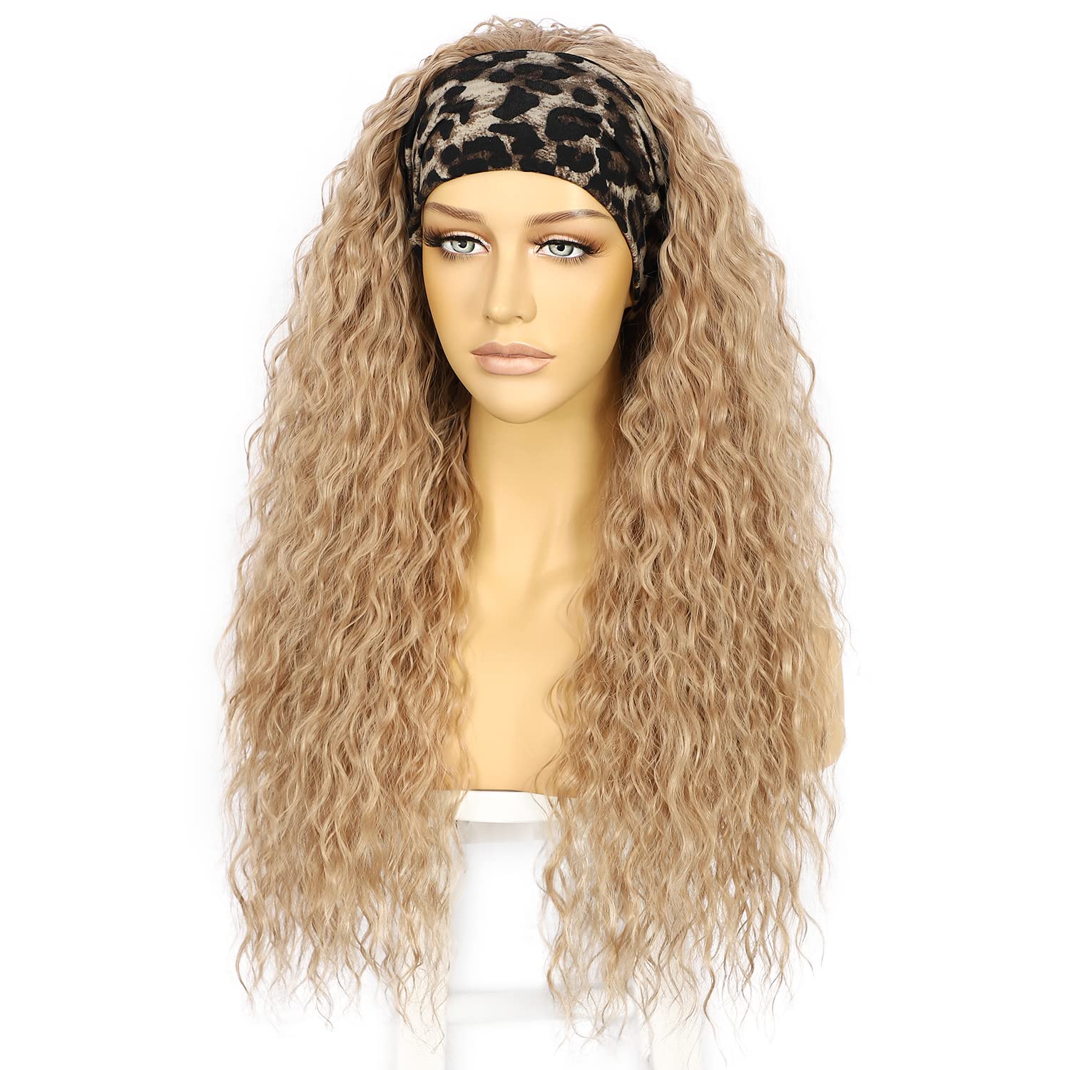 Loose Curly Ash Blonde Headband Wigs for Black Women None Lace Front Wigs Synthetic Headband Wig Natural Hairline Glueless Machine Made Wigs 130% Density 26 Inch