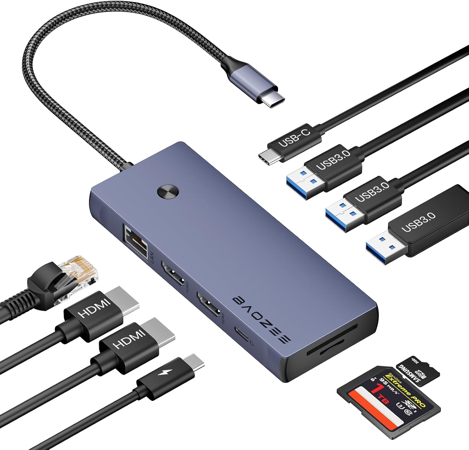 Docking Station USB-C 10 en 1 BAOZEE con Dual HDMI 4K, Ethernet y Carga PD 100W