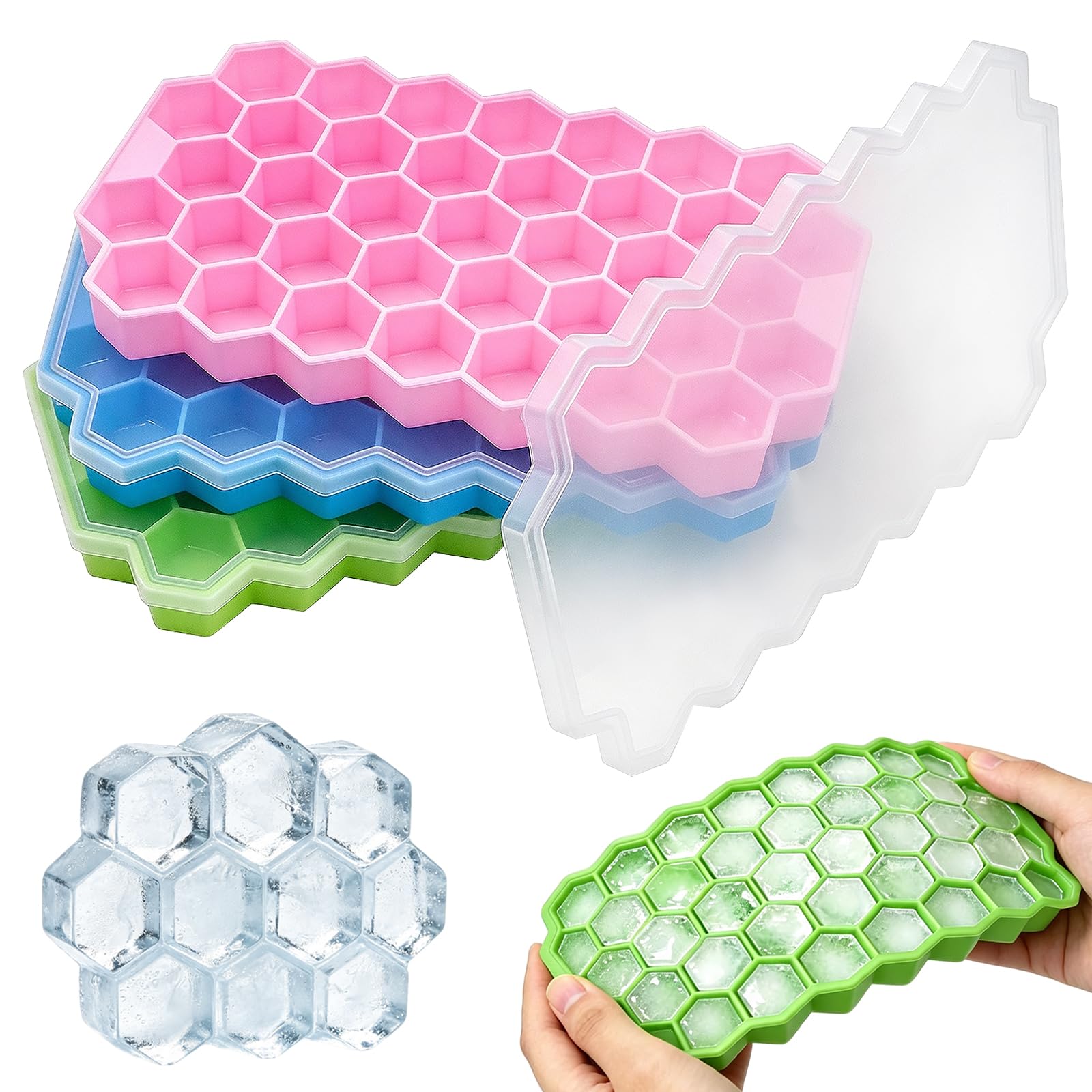 3Pcs Silicone Ice Cube Trays, 37 Compartments, Ice Cube Mold with Lid