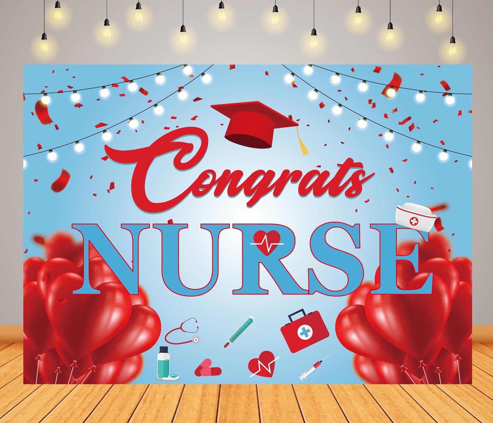 BELECO 7x5ft Fabric Congrats Nurse Backdrop Medical School Nurse Graduation Background Red and Blue Nursing Graduation Party Decorations Banner