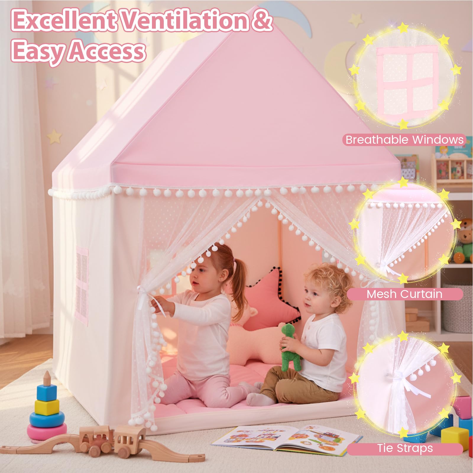 HOMASIS Kinderzelt für Indoor, Kinderspielhaus mit Matte & Fenstern & Holzrahmen & Vorhang, Kinder Spielzelt Prinzessin für Mädchen & Jungen, Bettzelt Tipi Zelt 105x120x140 cm (Modell 1-Pink)