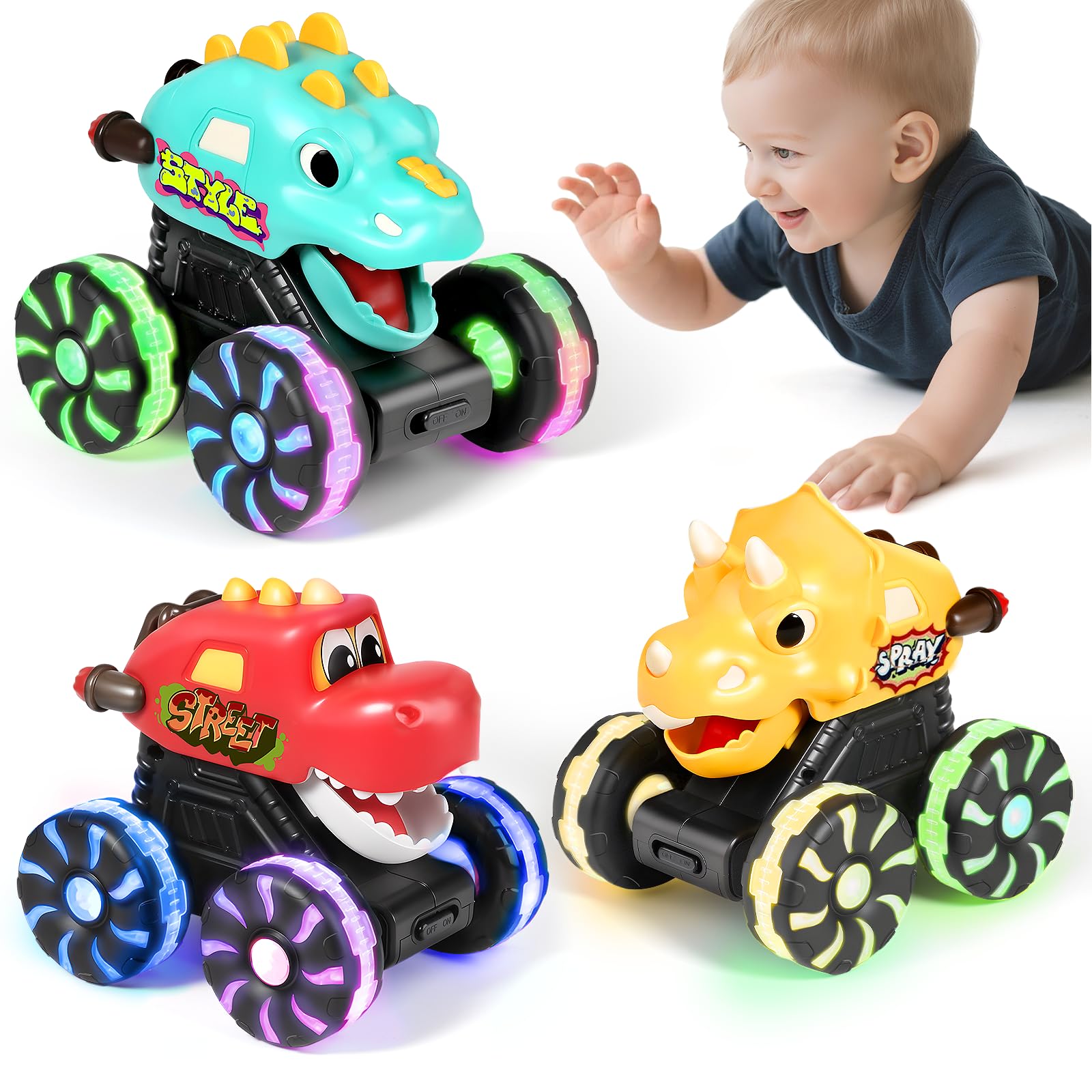 MOONTOY 3 Pezzi Dinosauro Giocattolo con Luci, Monster Truck Press and Go, Macchinina Bambino 1 Anno, Regalo di Compleanno e Natale per Bambini e Bambine 1 2 3 Anni