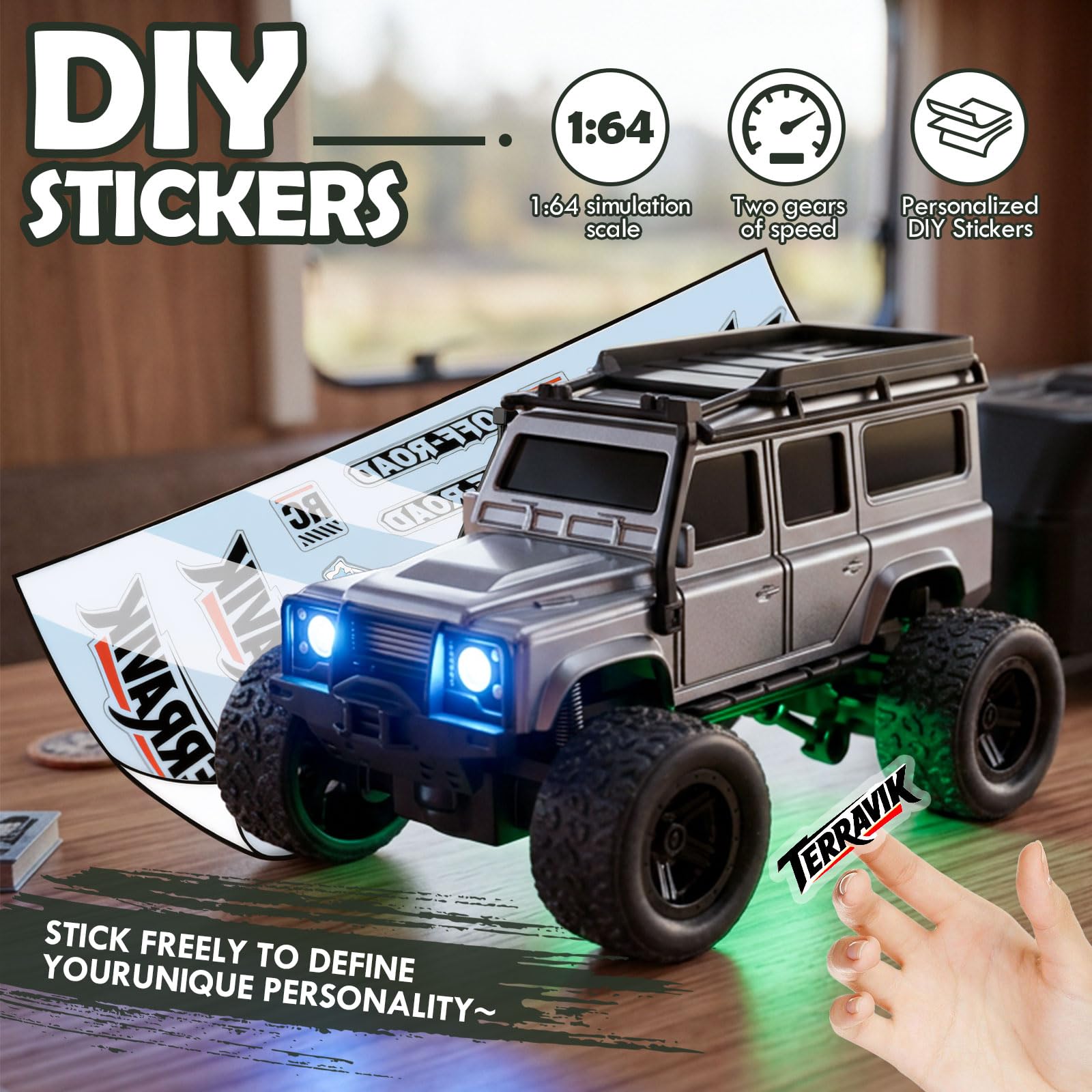 RC Fuoristrada Drift Car 1:64 Mini Crawler con rimorchio Tabletop RC Off-Road Car, auto telecomandata 2.4G con luci a LED, giocattolo da corsa per adulti e bambini