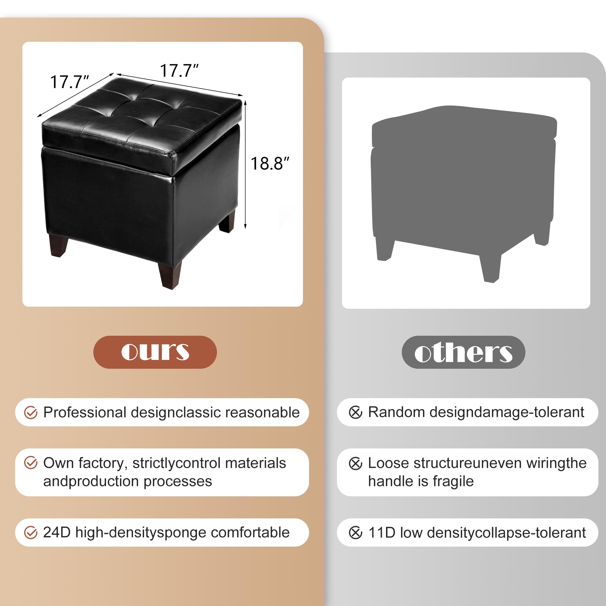 Adeco Storage Ottoman Foot Rest Stool, Leather Ottoman Footstool with Wood Legs and Hinged Lid, 18