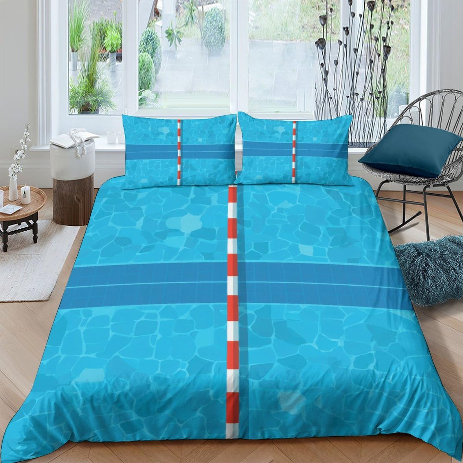 Ctjqhvkz Style-2 3D Printed Swimming Pool Blue Fitted Sheet Microfiber Soft Breathable Lifebuoy Stripe Mattress Cover For Bedroom Dorm Decor Single（135X200cm）