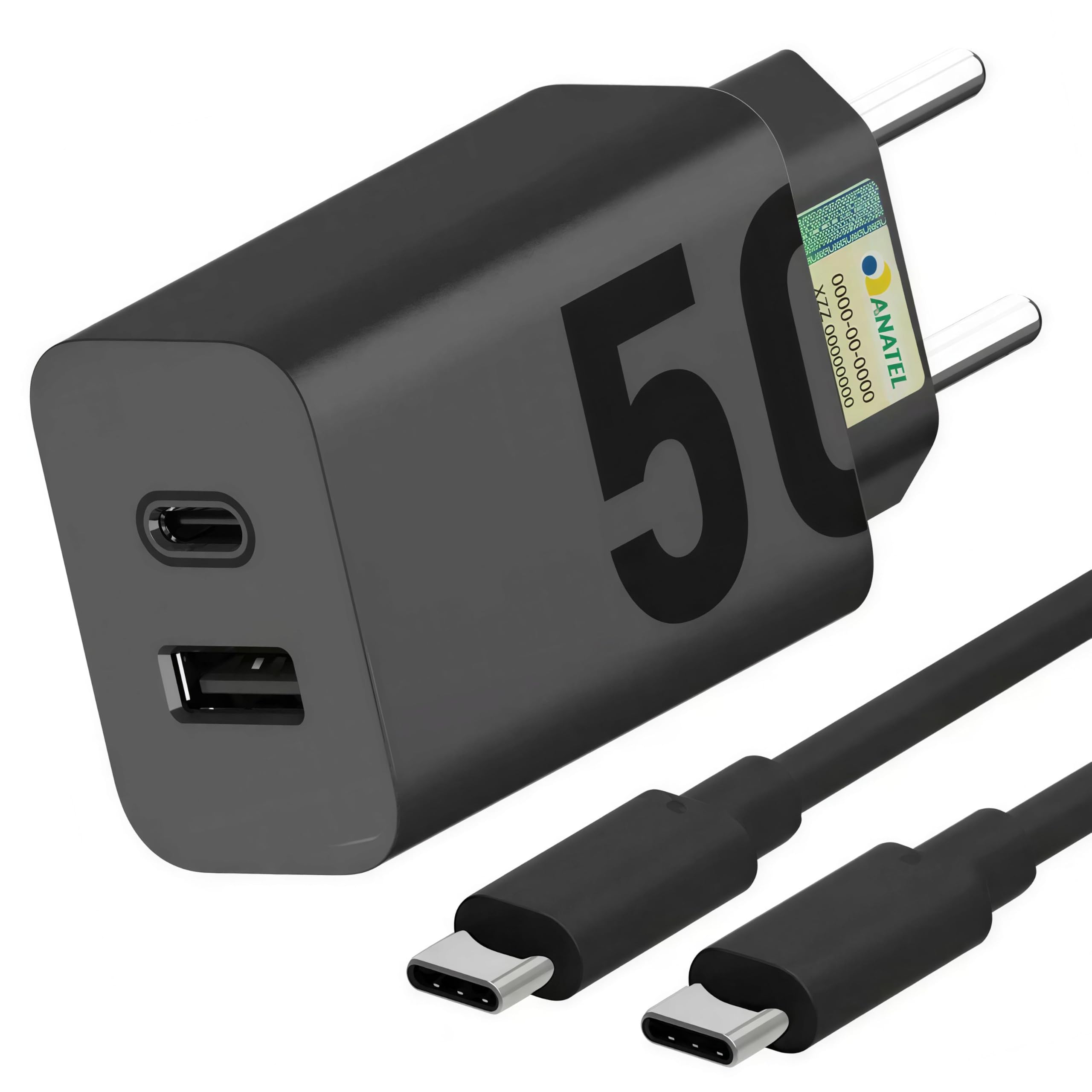 Carregador Turbo 50W Porta Dupla (USB-A + USB-C) + Cabo Tipo C Ultra Rápido de