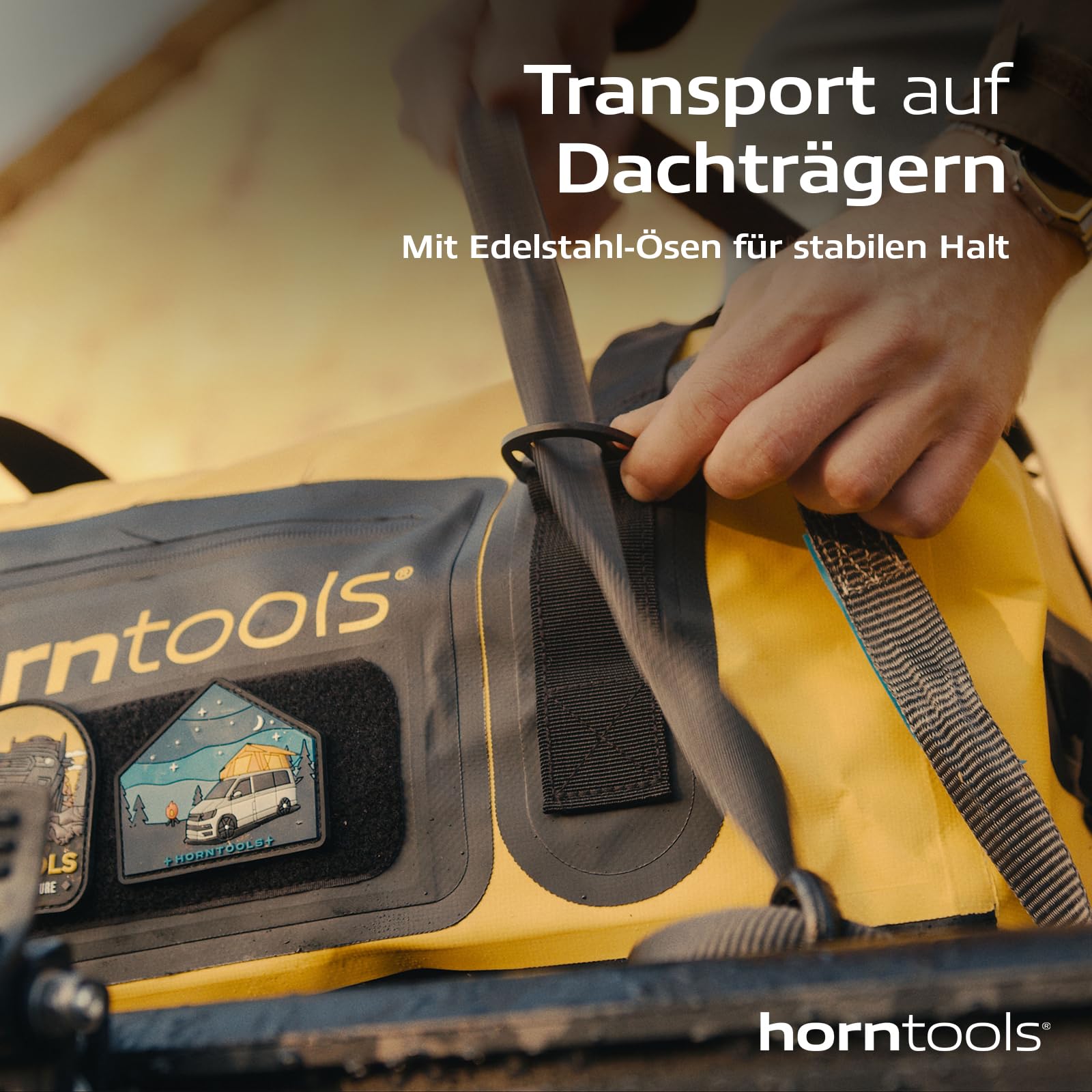 horntools Expedition Tasche - 90l - 100% Wasserdicht - Abnehmbare Tragegurte - Tragbar als Duffle Bag oder Rucksack - Reisetasche, Sporttasche, Motorradtasche - Gelb