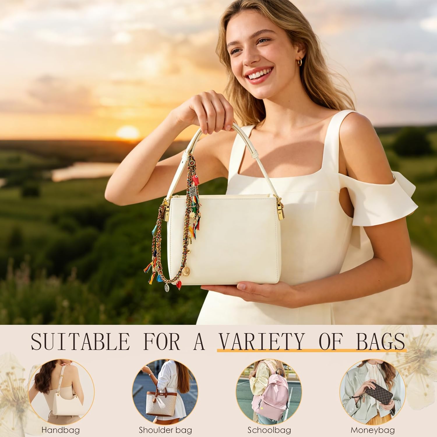 2026 New Chain Beaded Rope Bag Charms Braided Keychain, Beaded Woven Head Strap Lanyard, Rhinestone Purse Charms Bag Extender Chain for Bag Purse Accessories for Women - Image 7