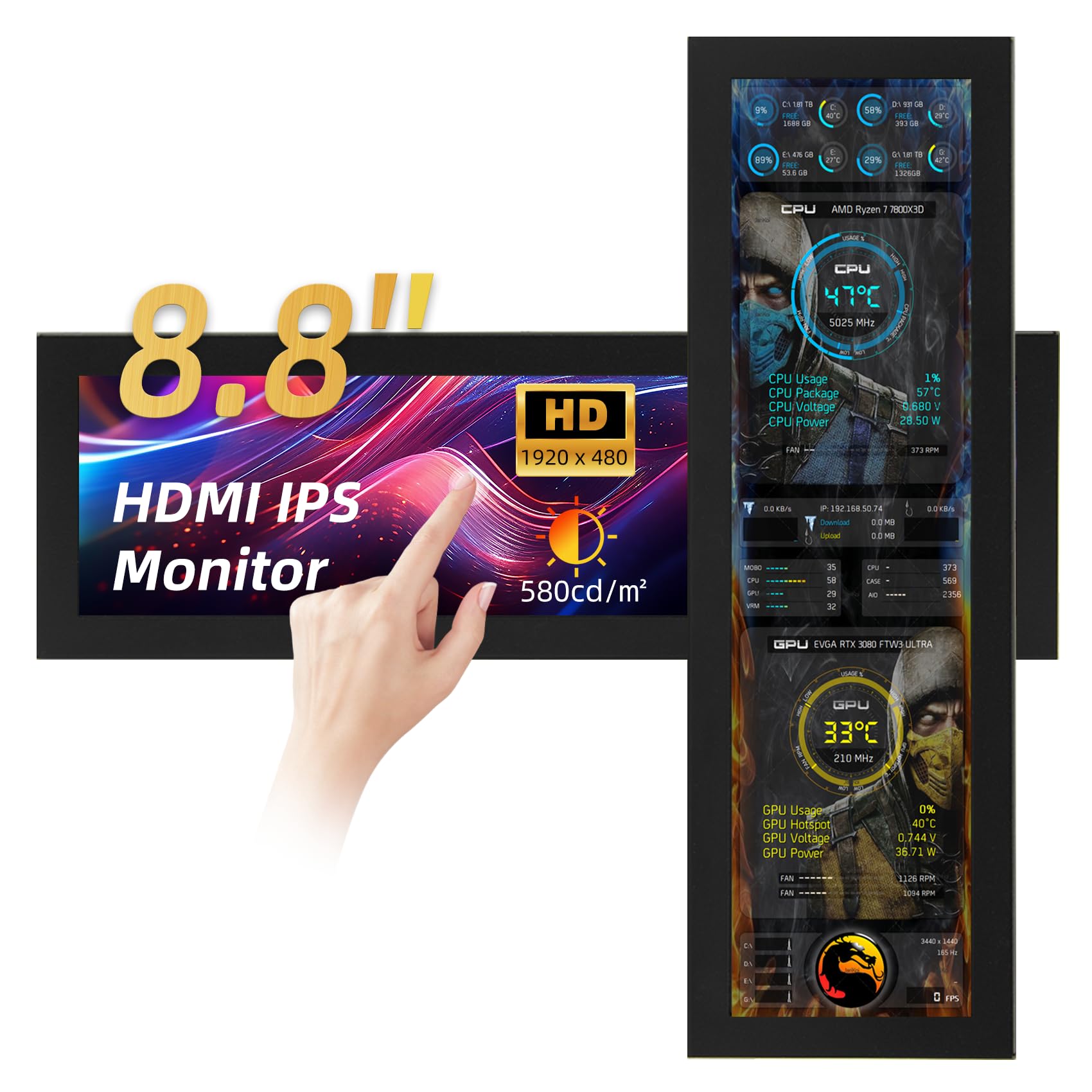 Photo 1 of **FACTORY SEALED**  iPitstBit 8.8 Inch Touchscreen Monitor, 1920x480 PC Temperature Display, PC Sensor Panel Display, IPS USB Mini Screen for Raspberry Pi, AIDA64 CPU RAM Data Monitor ARGB Computer Case