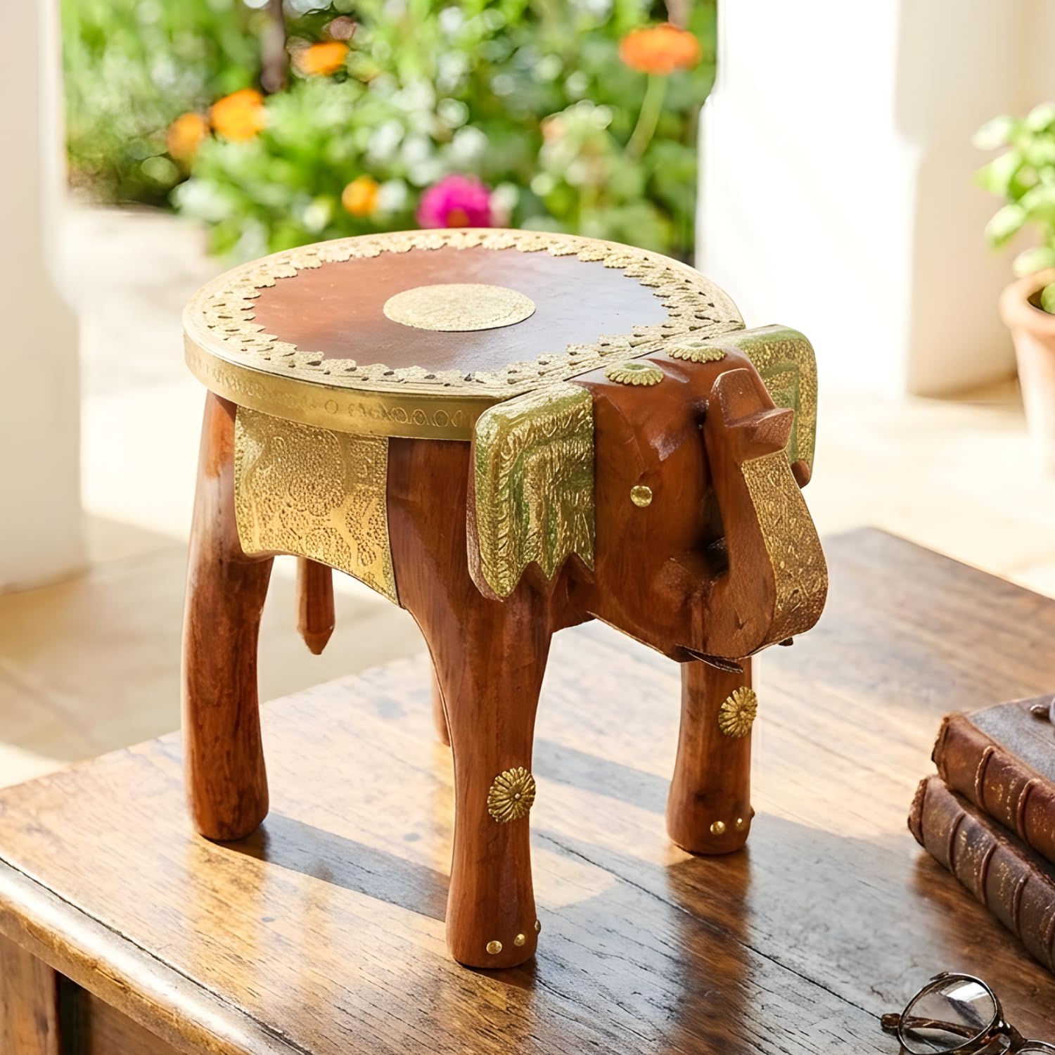 Wooden Elephant Stool 8 Inch | Antique Brass Finish Small Side Table | Bedside Decor | Lamp & Plant Stand for Living Room Accent Furniture. (Design 3)-image-2