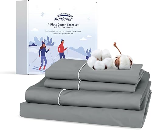 sunflower Juego de sábanas de algodón tamaño Queen, sábanas de bolsillo profundo para hasta 16 pulgadas, sábanas de 4 piezas con diseño de ribete