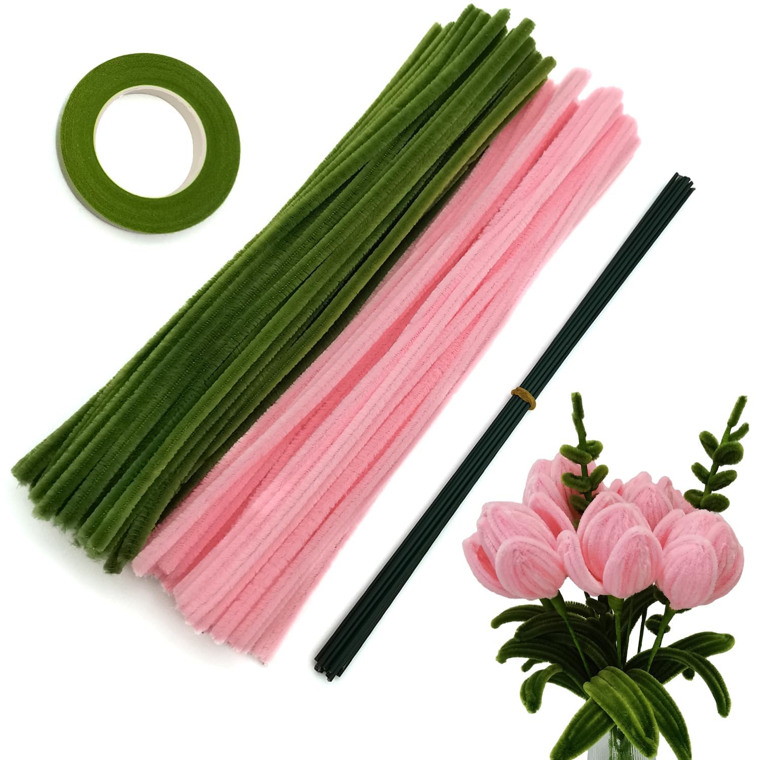 Pipe Cleaner Set, 200 Pcs, with Floral Wires and Floral Tape, Chenille Stems for Tulip Bouquet Making, Kids DIY Craft Projects and Decorations (Peach and Olive Green kit)-image-13