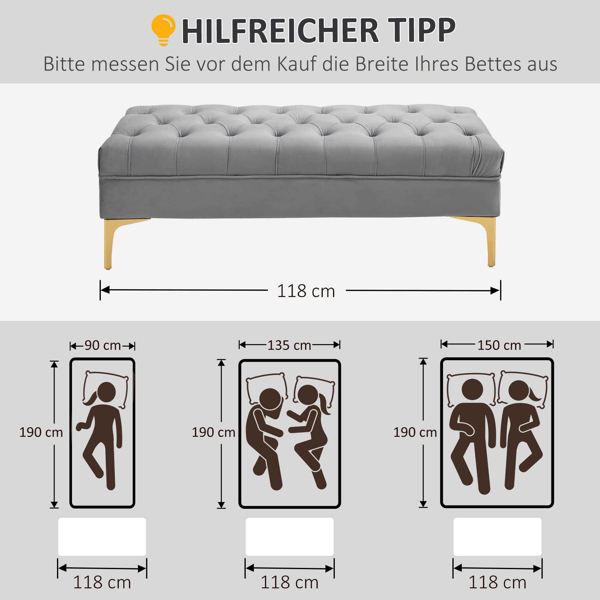 HOMCOM Sitzbank Polsterbank mit Samt-Bezug Bettbank mit Metallrahmen, Schuhbank für Schlafzimmer, Wohnzimmer, Flur 118 x 45 x 42 cm Hellgrau