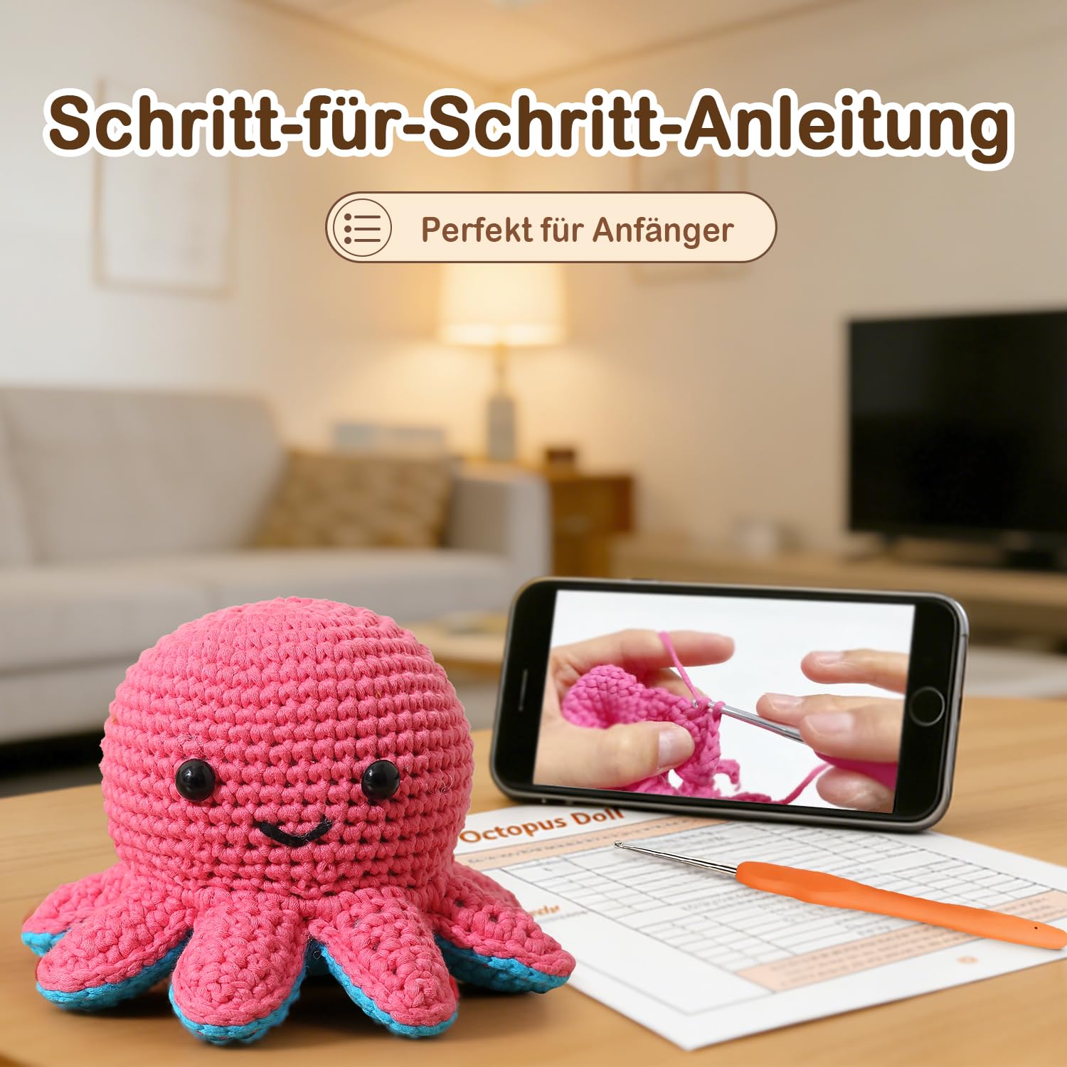 Häkelkit für Anfänger, Häkeltier-Kit mit Schritt-für-Schritt-Video-Tutorials, Easy Garn und 20% Extra-Übungsgarn-Cut-Tintenfisch