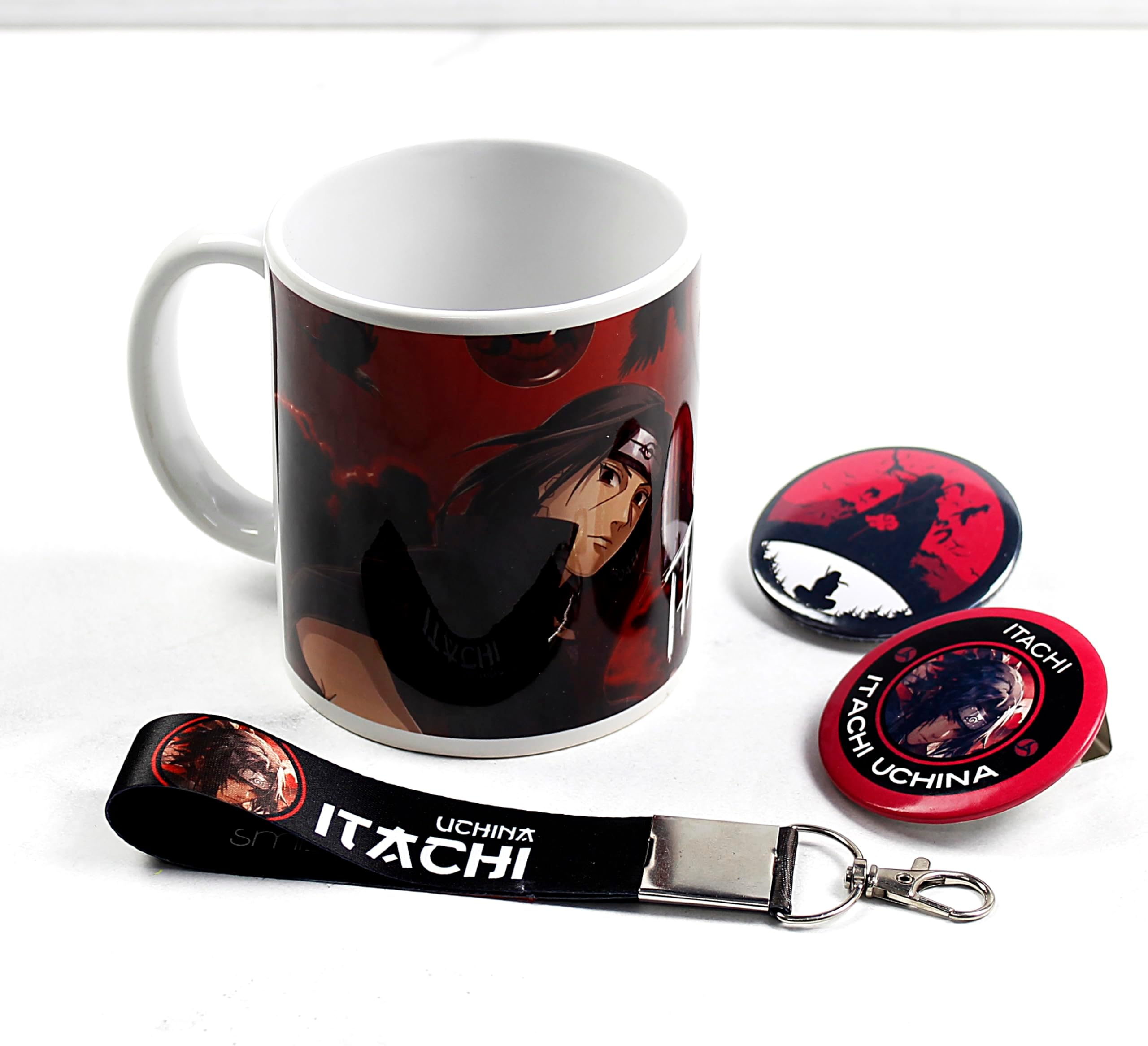 SMIZE Itachi Uchiha Anime Set: Printed Coffee Mug, Keychain, Two Badges - White Ceramic Milk Mug, 350 ml for Gifting and Present for Anime Lover